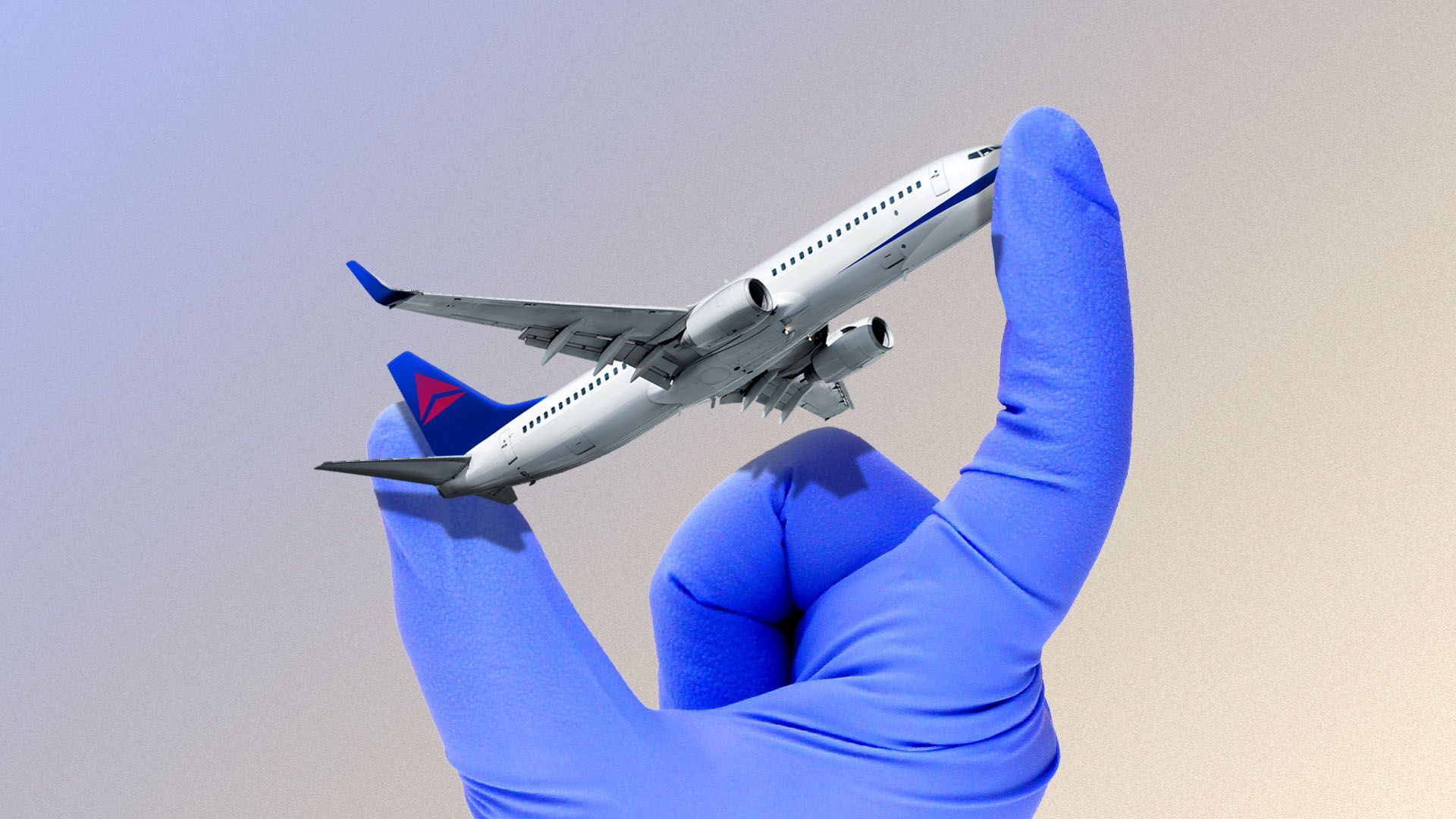 Illustration of a hand in medical gloves holding a small airplane with a Delta logo