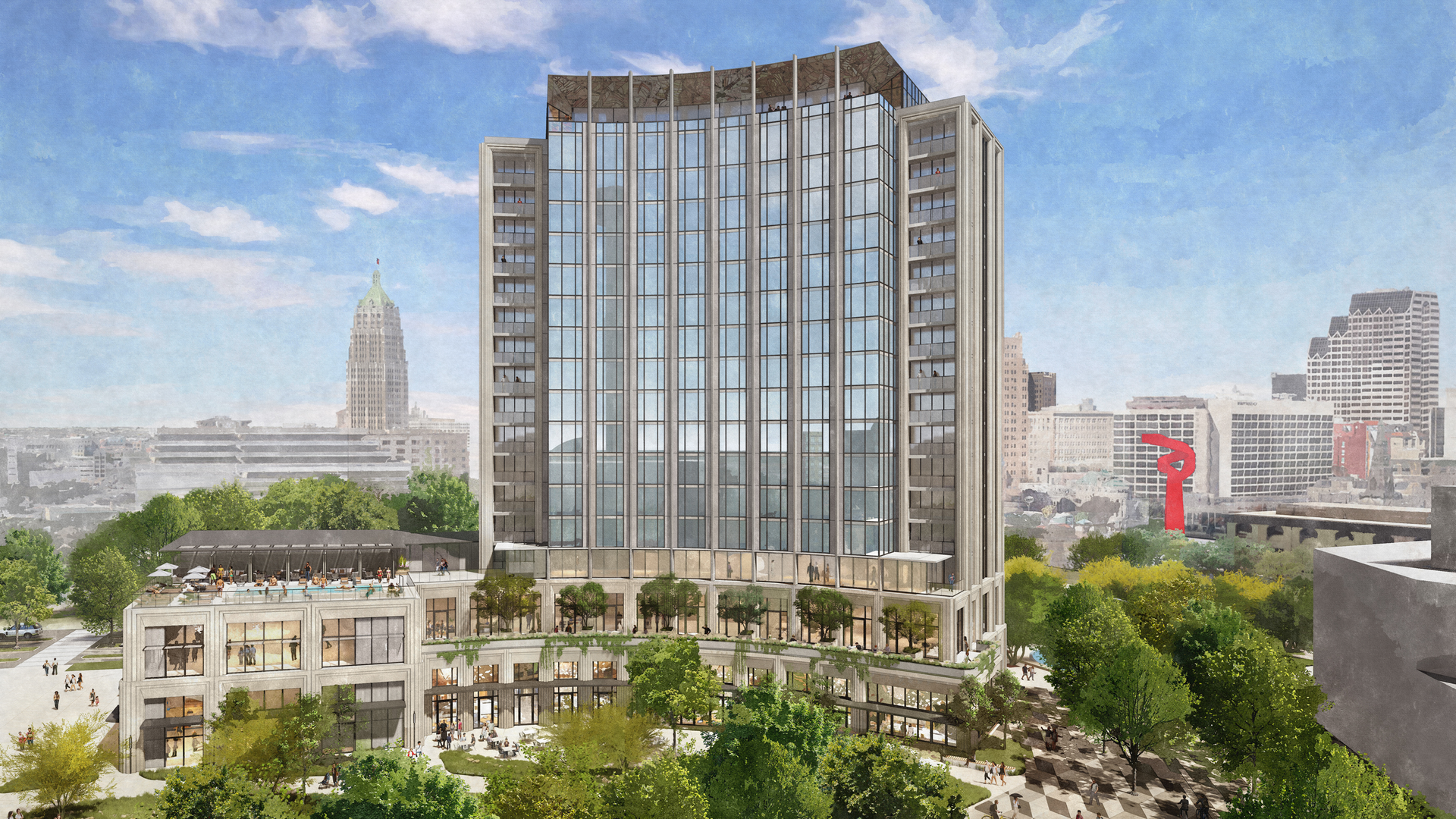 A rendering shows a tall, curved hotel building with the San Antonio skyline, including the Tower Life building and the Torch of Friendship, in the background.