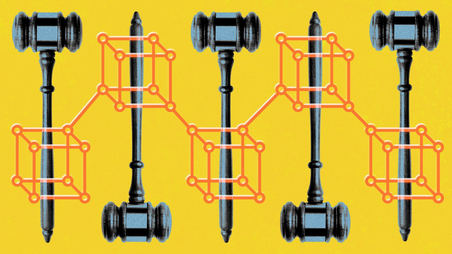 Illustration of a chain of blocks and gavels.