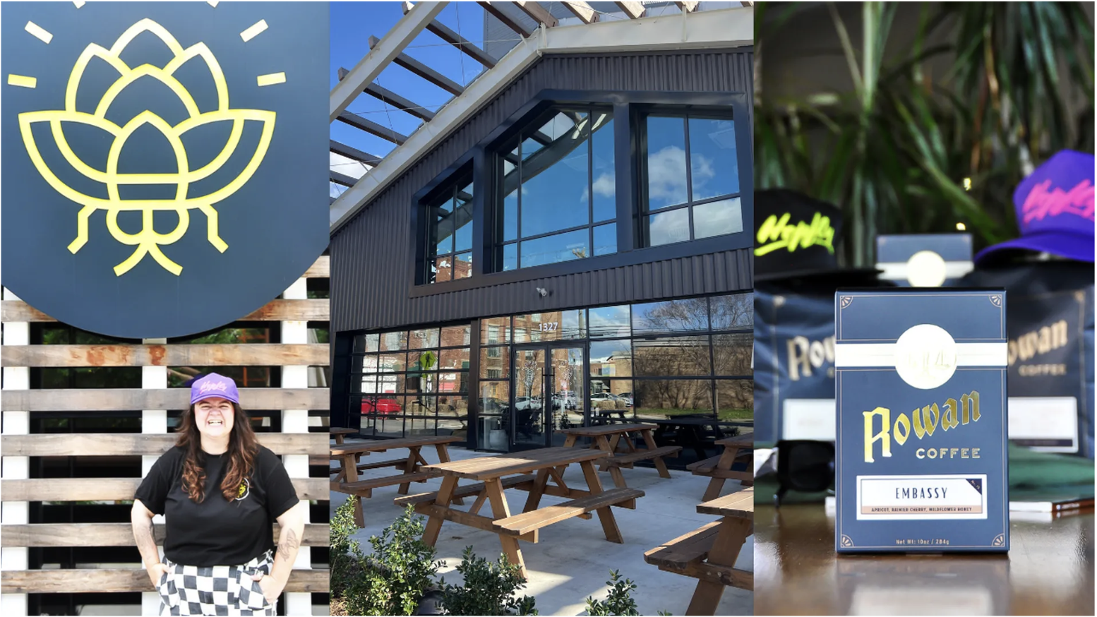 Three images: person wearing purple hat and black shirt stands under large yellow bee logo on wood wall; dark gray building with large windows and picnic tables outside; close-up of Rowan Coffee packaging with hats behind.