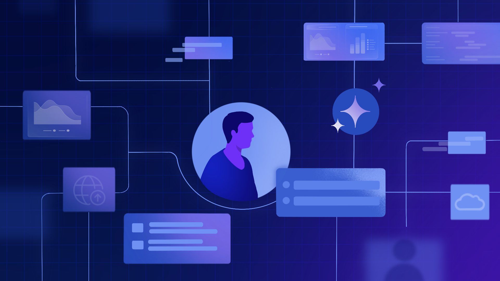 Abstract tech illustration: dark blue grid background with a purple circular user avatar at center, connected by white lines to floating panels showing charts, plus a sparkle icon.