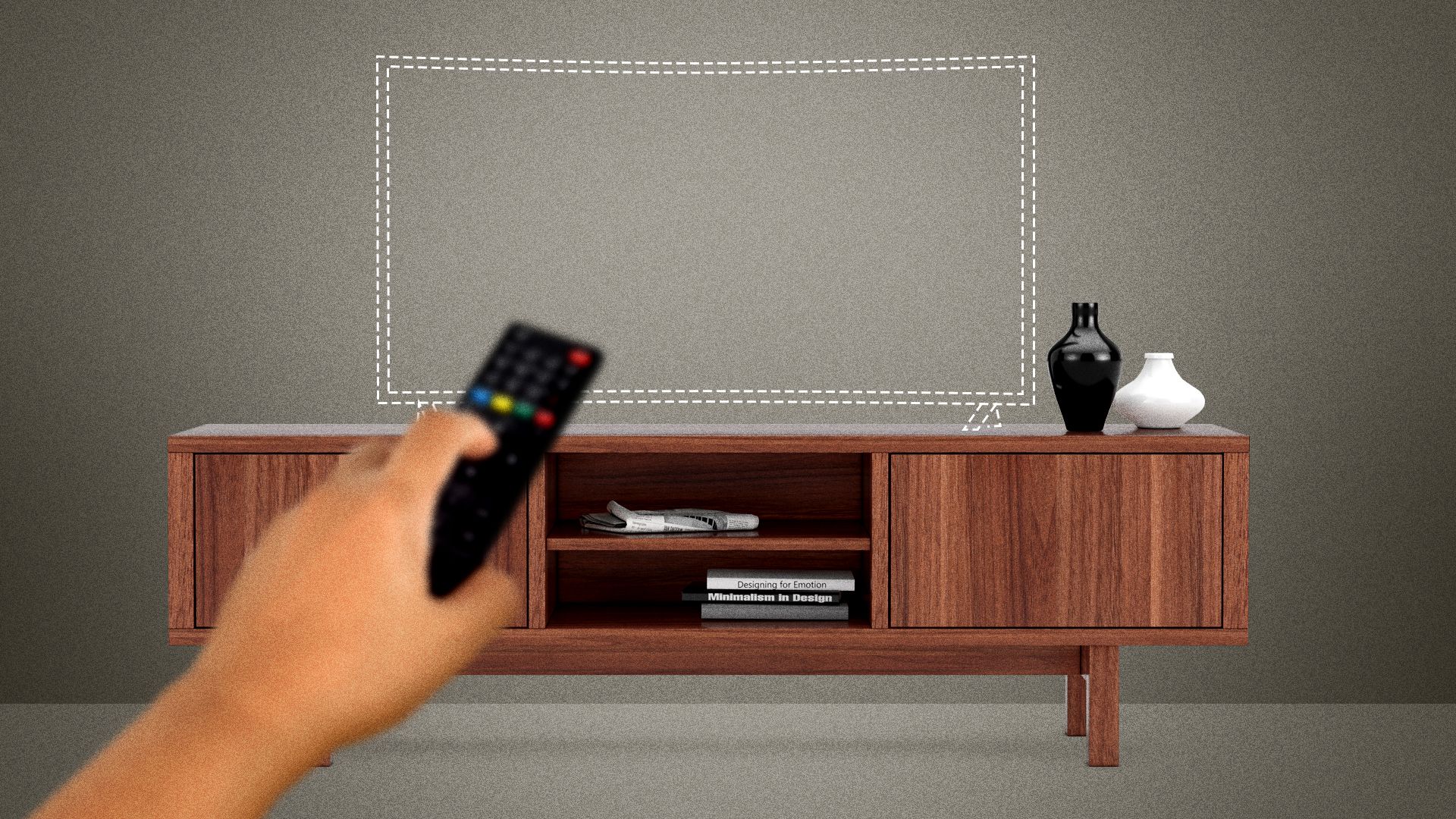 Illustration of a person pointing a remote at a missing television.