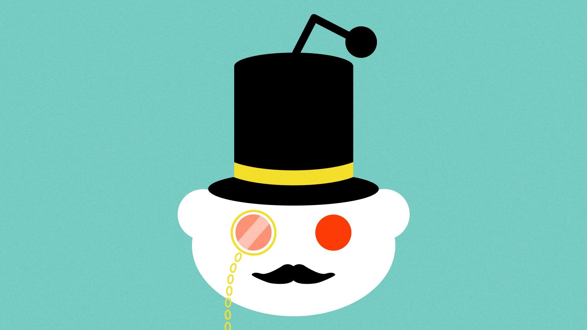 Illustration of Reddit's logo wearing a top hat, monocle and moustache.