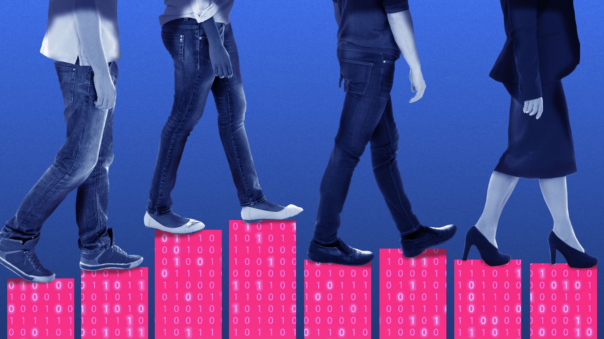 Image of four people's legs walking atop a pink bar graph with binary numerals