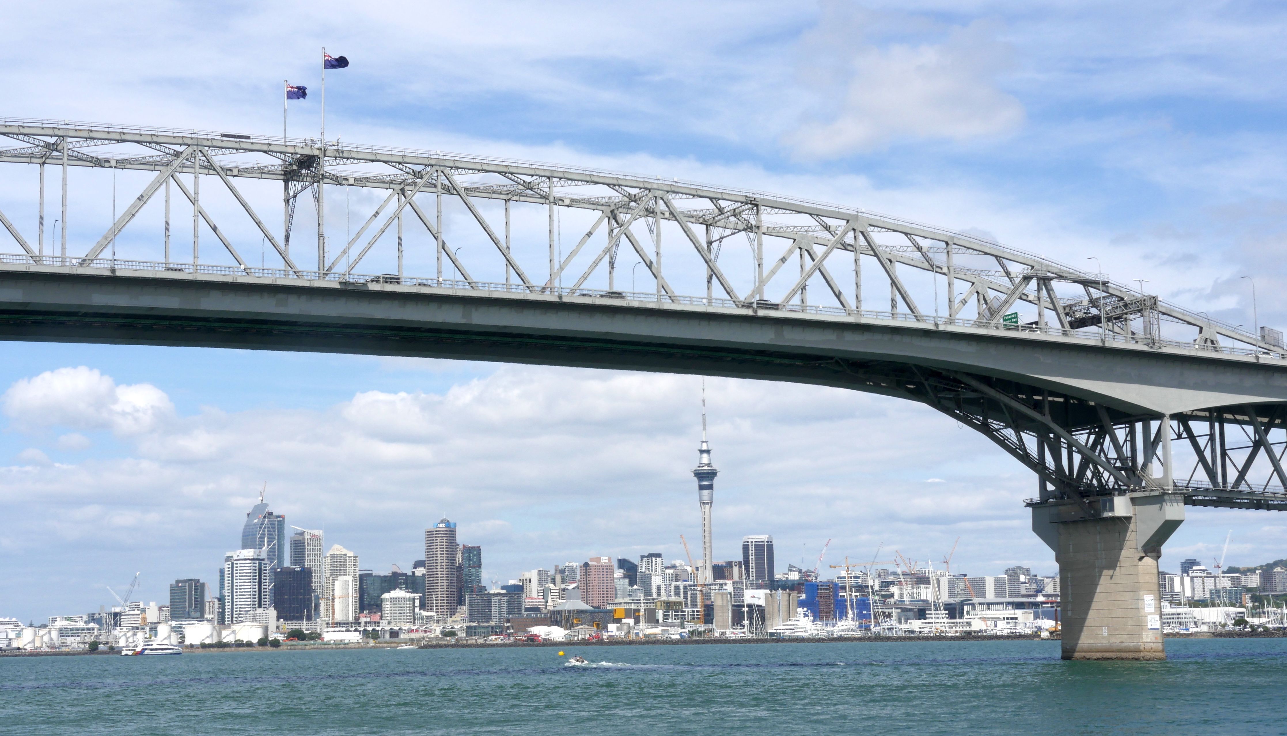 A view of Auckland Harbour Bridge and the CBD from Waitemata Harbour in Auckland, New Zealand. 