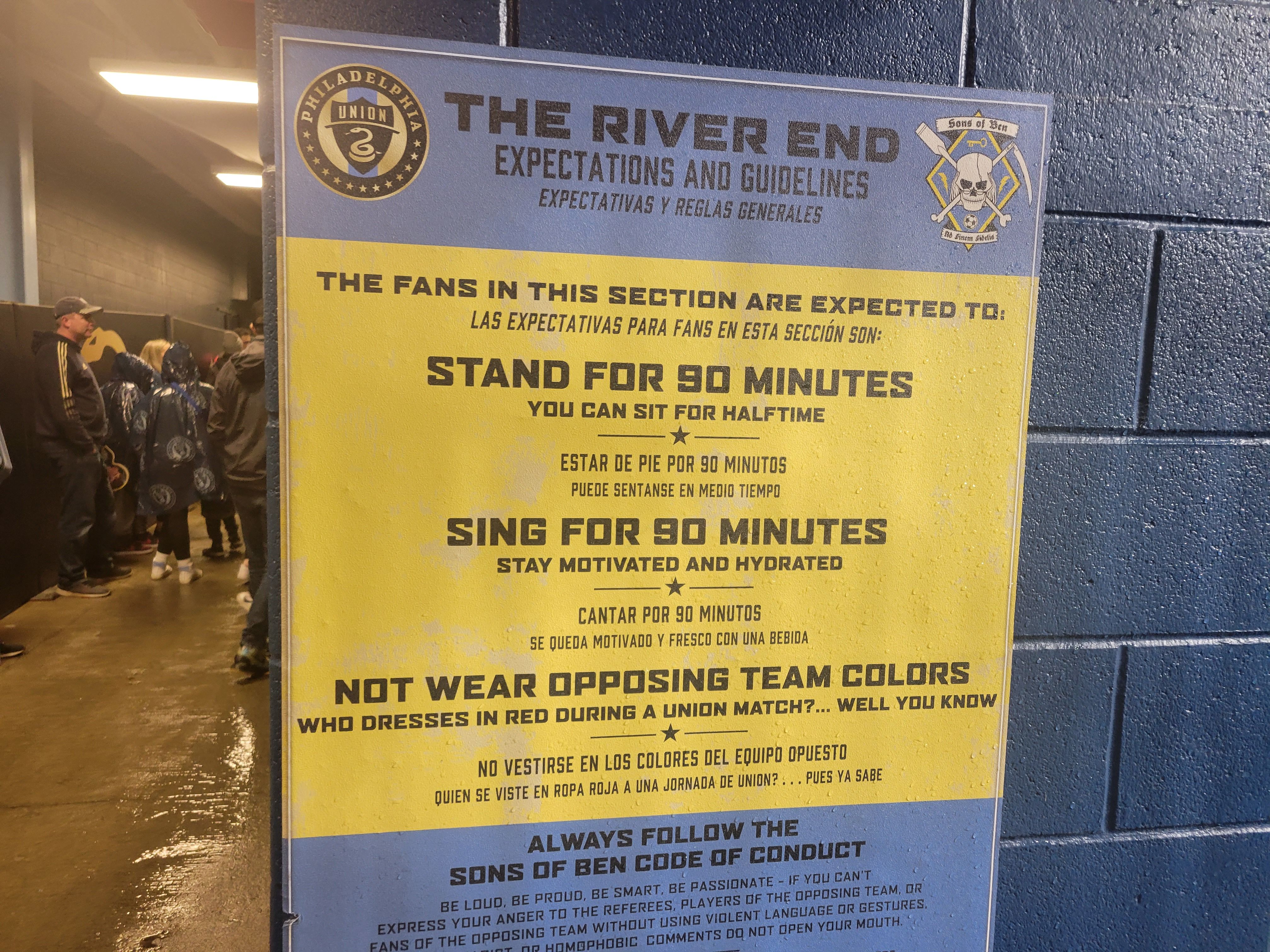 A sign outlines expectations for Union fans sitting in the River End of Subaru Park.