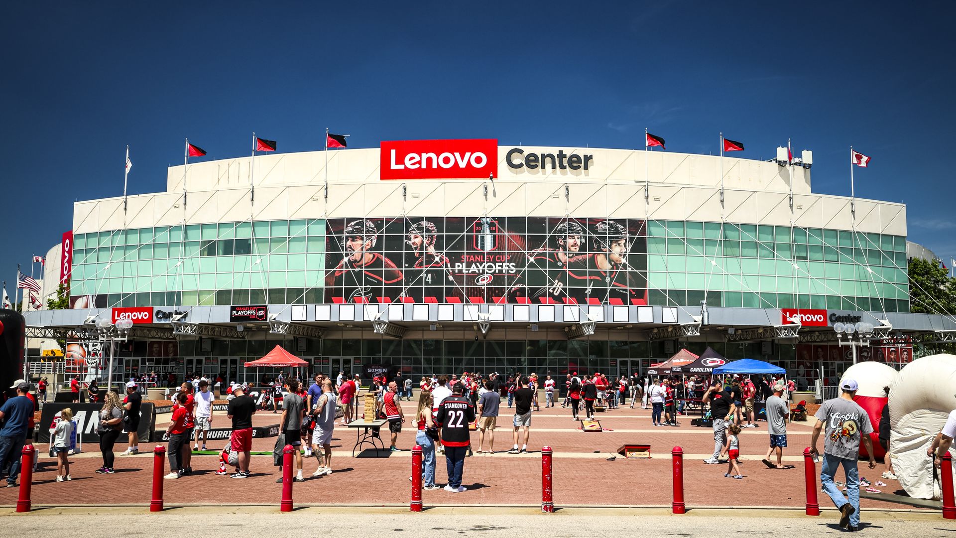 RALEIGH, NORTH CAROLINA - APRIL 18: Wide shot of a tailgate party before Game One of the First Round of the 2026 Stanley Cup Playoffs between the Carolina Hurricanes and the Ottawa Senators at Lenovo Center on April 18, 2026 in Raleigh, North Carolina. (Photo by NHL Images/NHLI via Getty Images)
