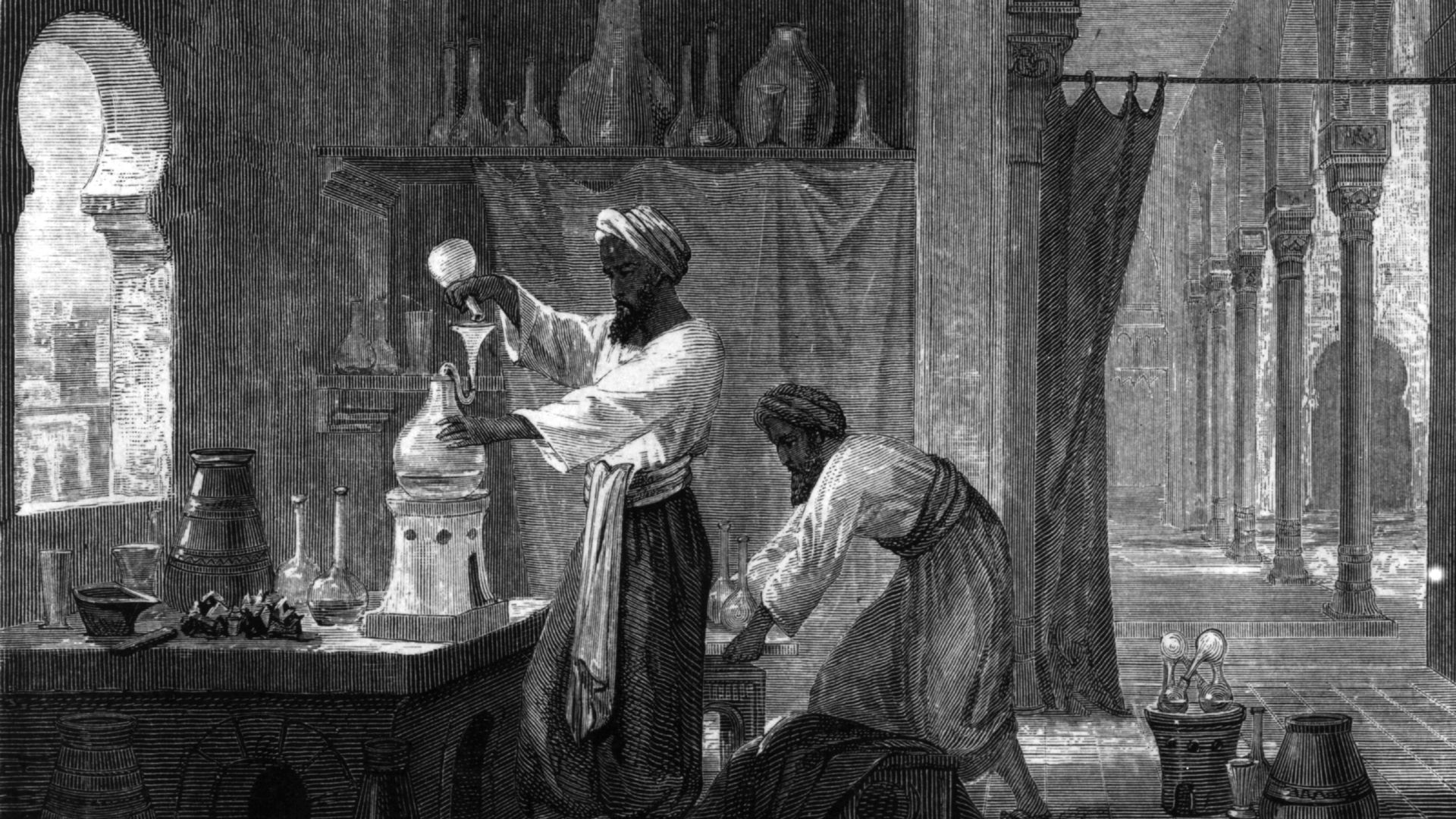 An illustration of a scientist in the Middle Ages pouring liquid from one vessel into another