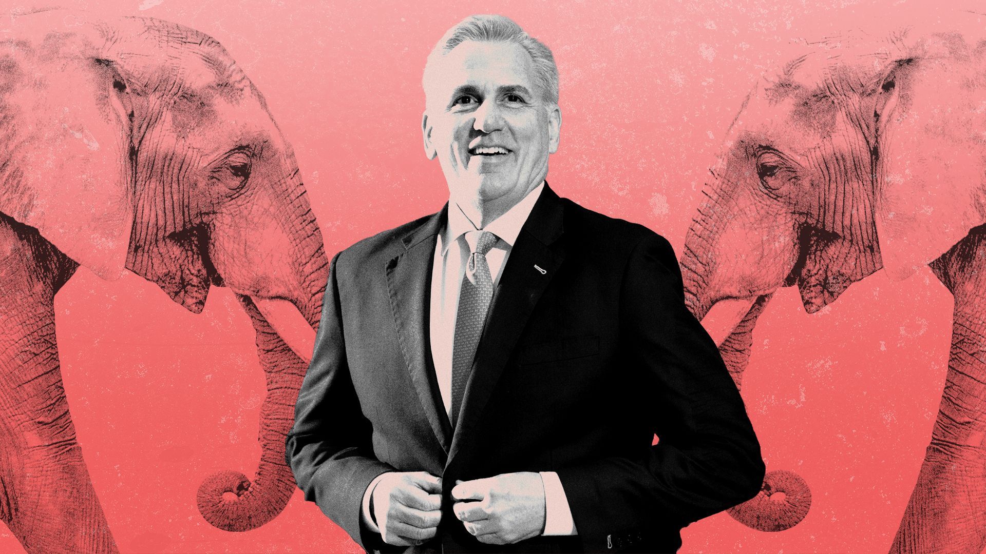 Photo illustration of a smiling Kevin McCarthy flanked by two elephants.