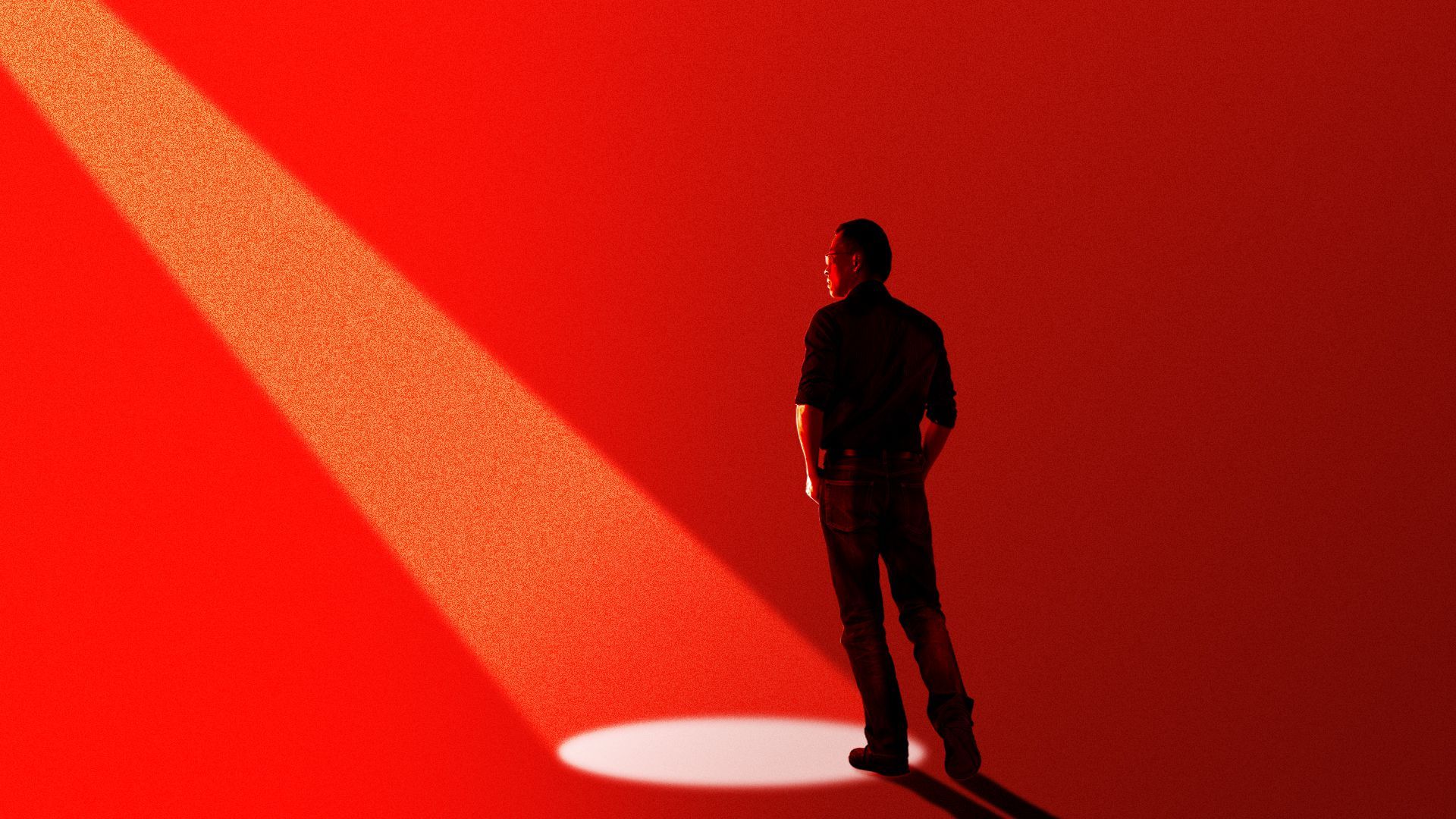 Illustration of a man standing off to the side of a searchlight coming from offscreen 