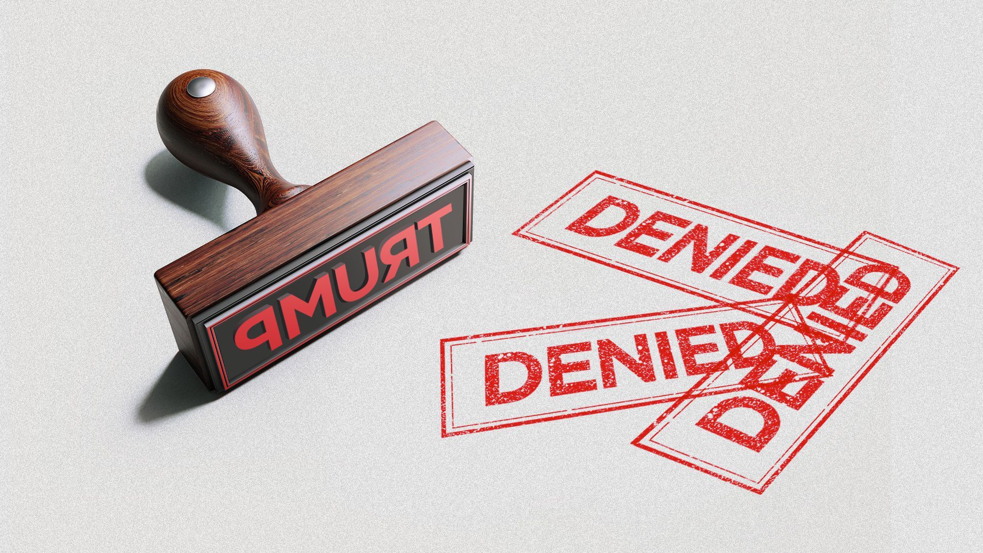 Illustration of a wooden stamp that says TRUMP, but the stamp on paper reads DENIED.