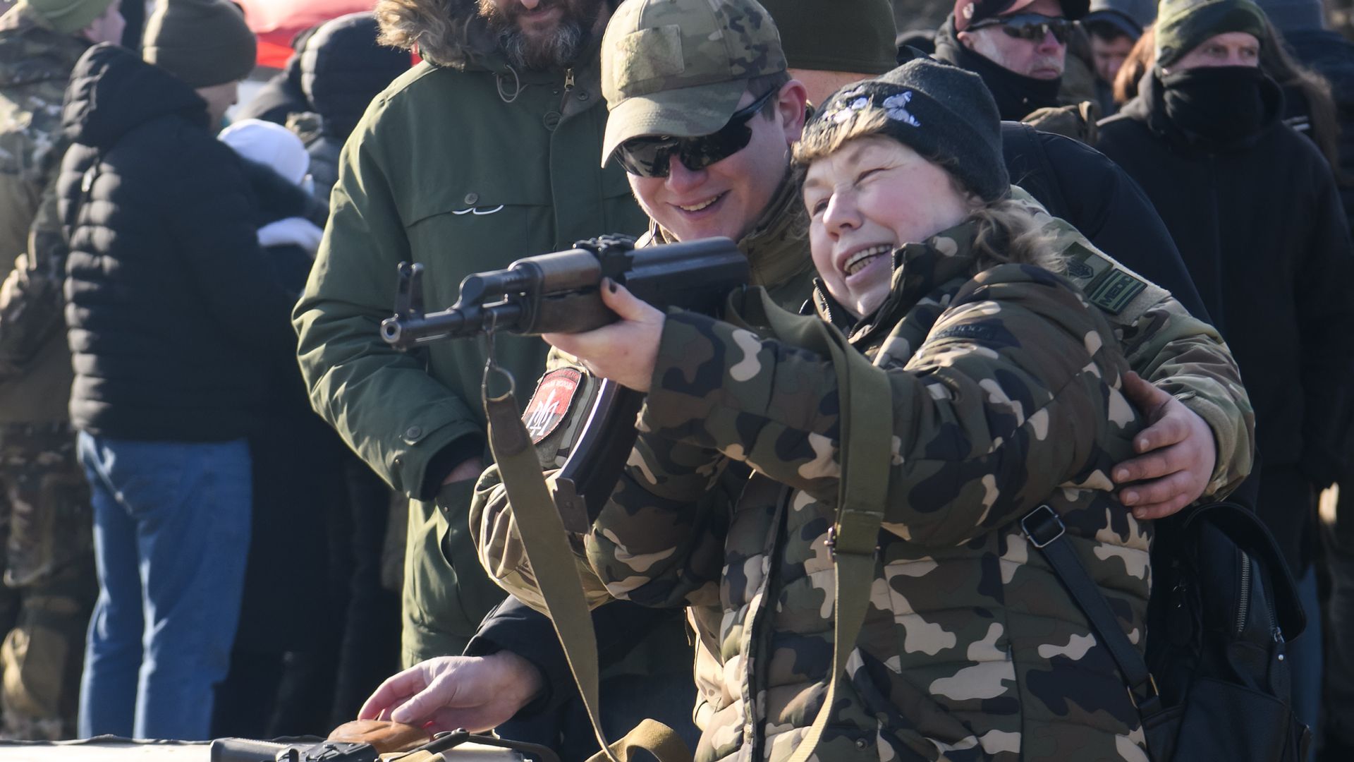 Citizens of Kyiv are seen training with weapons in preparation for a possible Russian invasion.