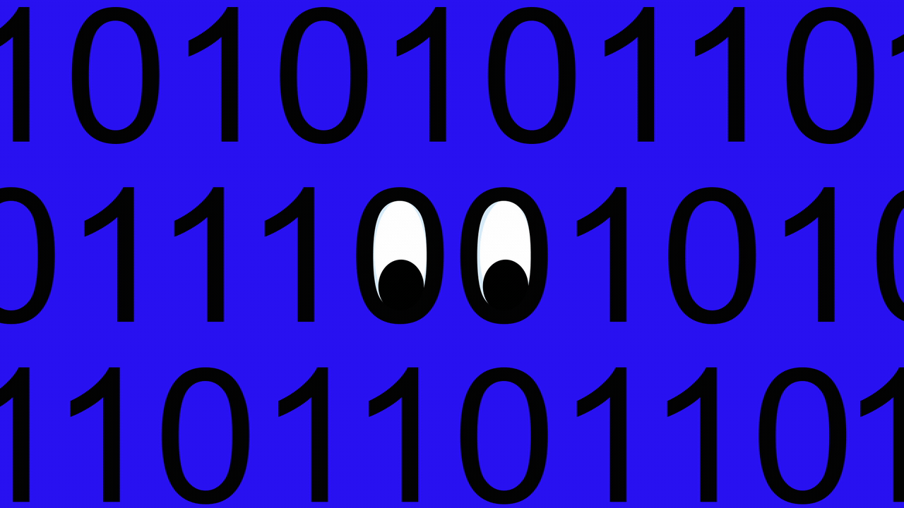 Illustrazione animata di occhi in codice binario.