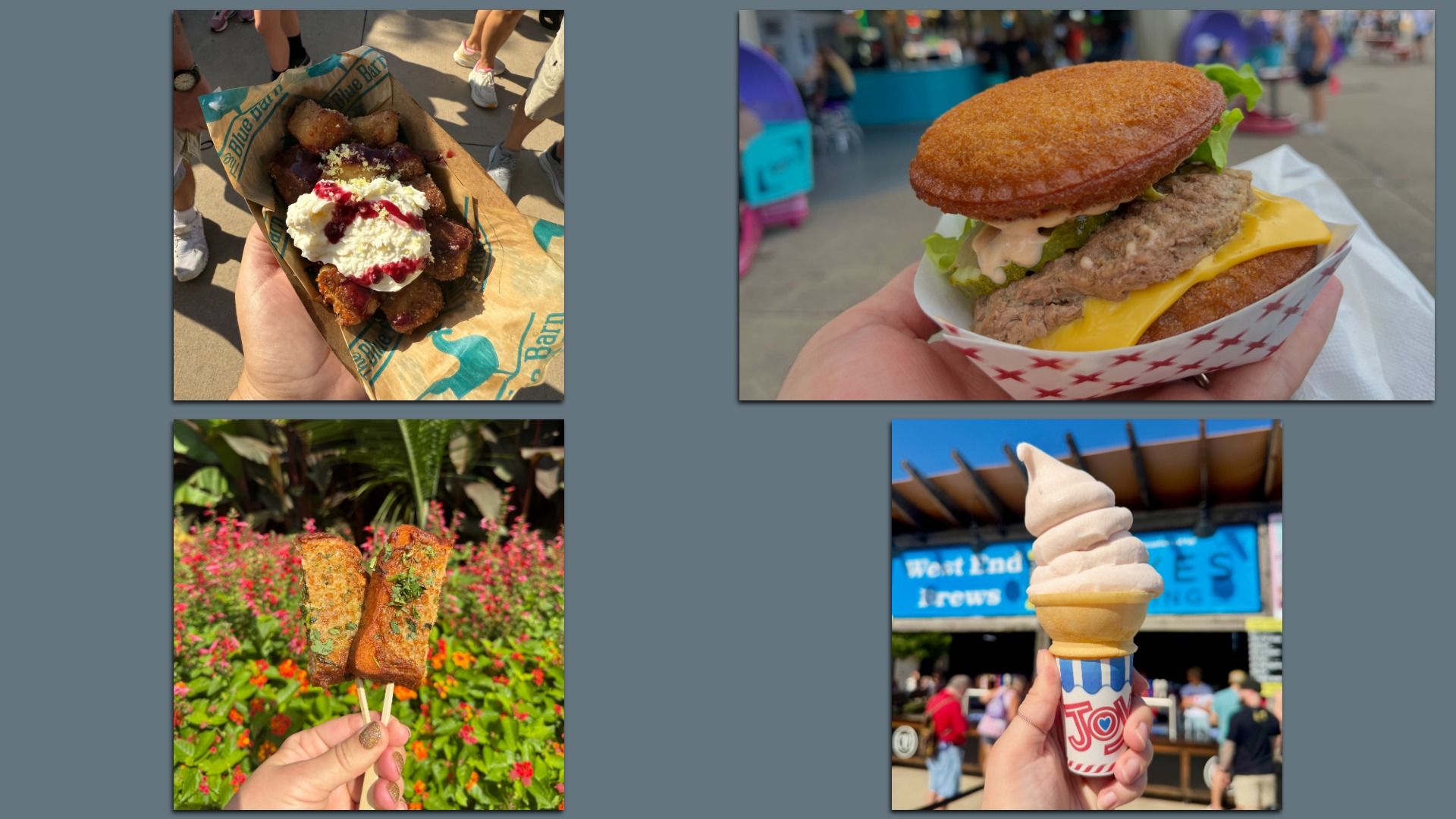 Four images of handheld foods: a basket of fried bites with cream and red sauce, a cheeseburger with lettuce and sauce, two savory fried sticks with herbs, and a vanilla soft-serve ice cream cone.