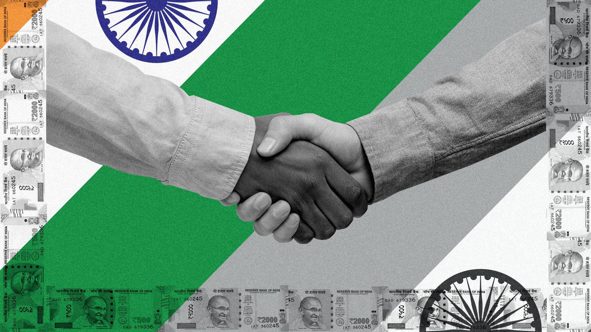 Illustration of a handshake between two people in front of a background designed with a graphic Indian flag pattern, surrounded by an Indian rupee border.