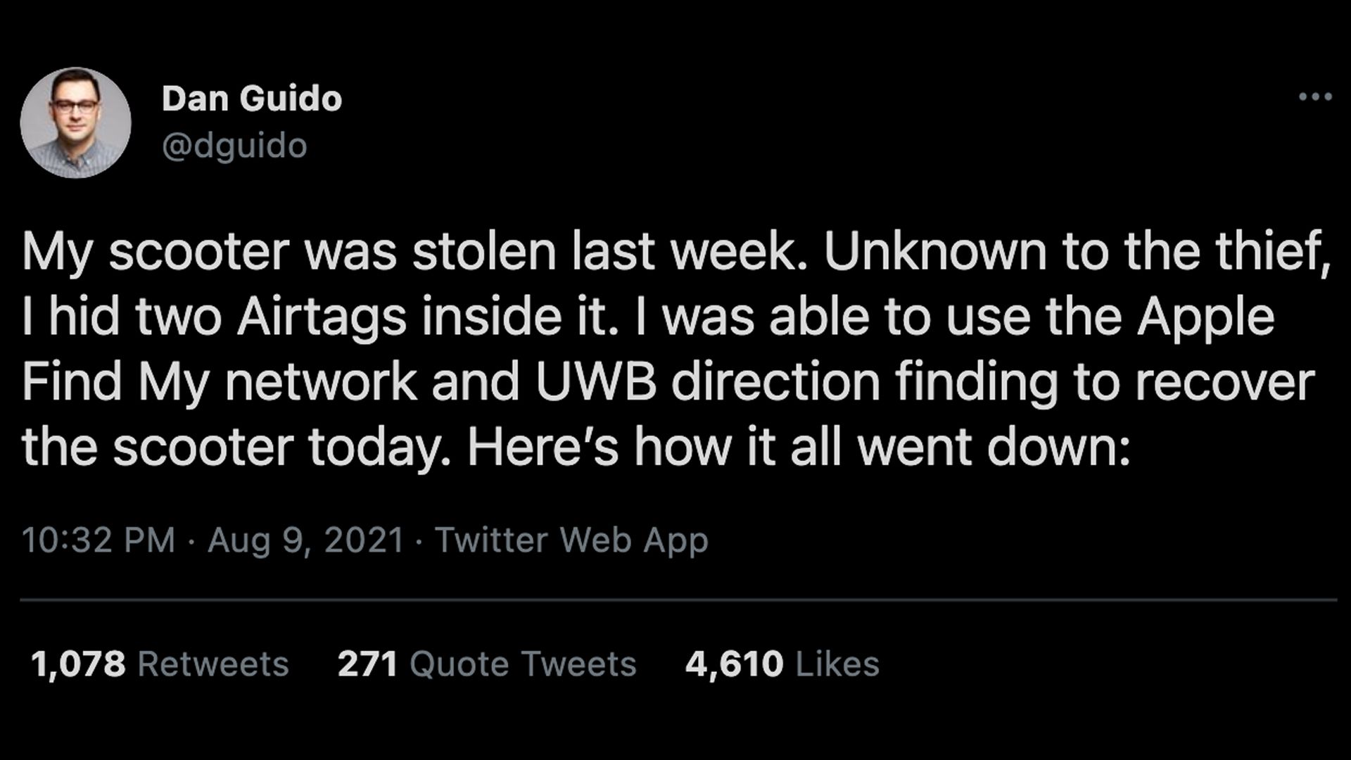 A tweet describing a high-tech solution to a scooter theft