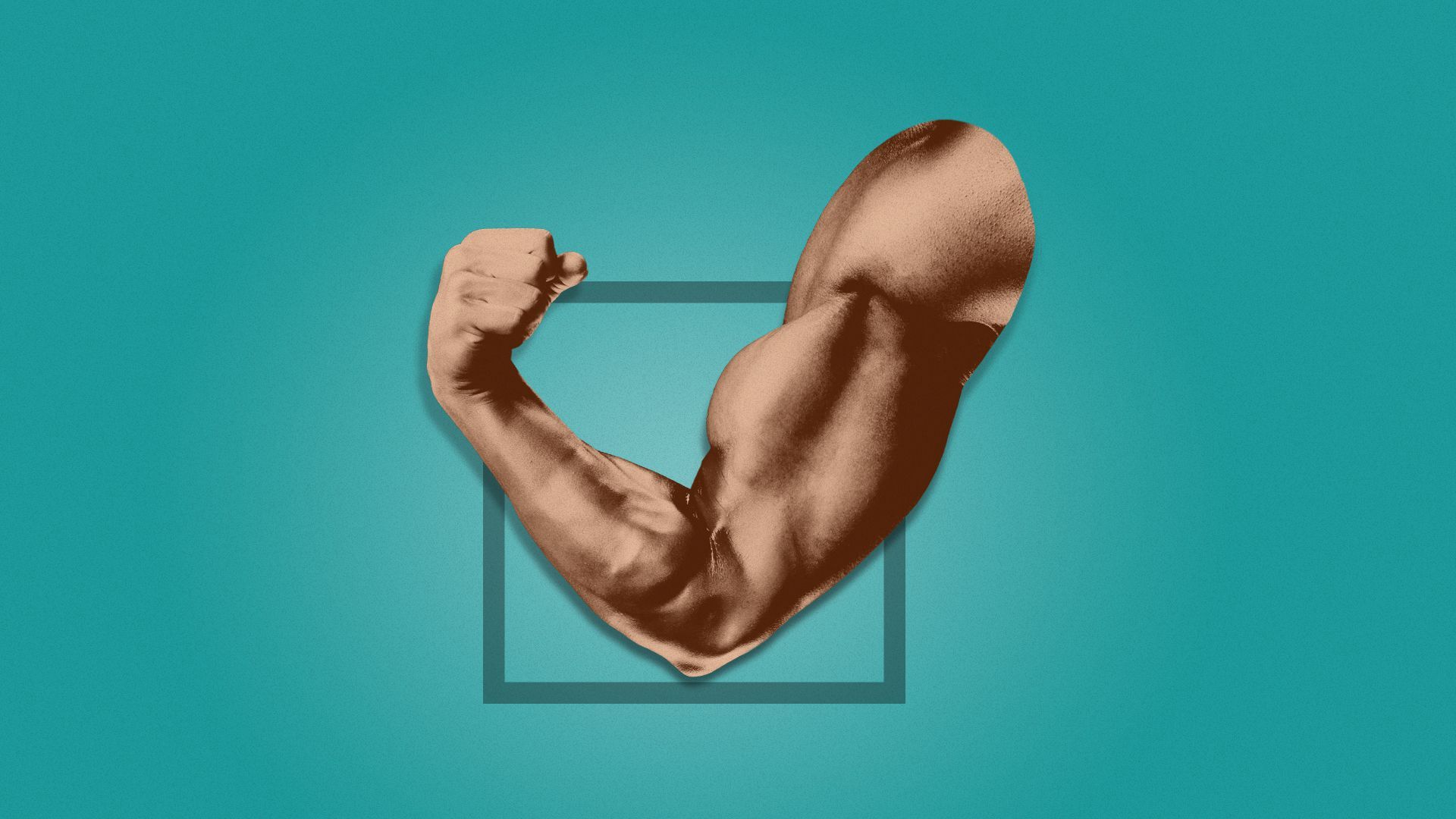 Illustration of a ballot box with a flexing arm through it, representing a check mark.