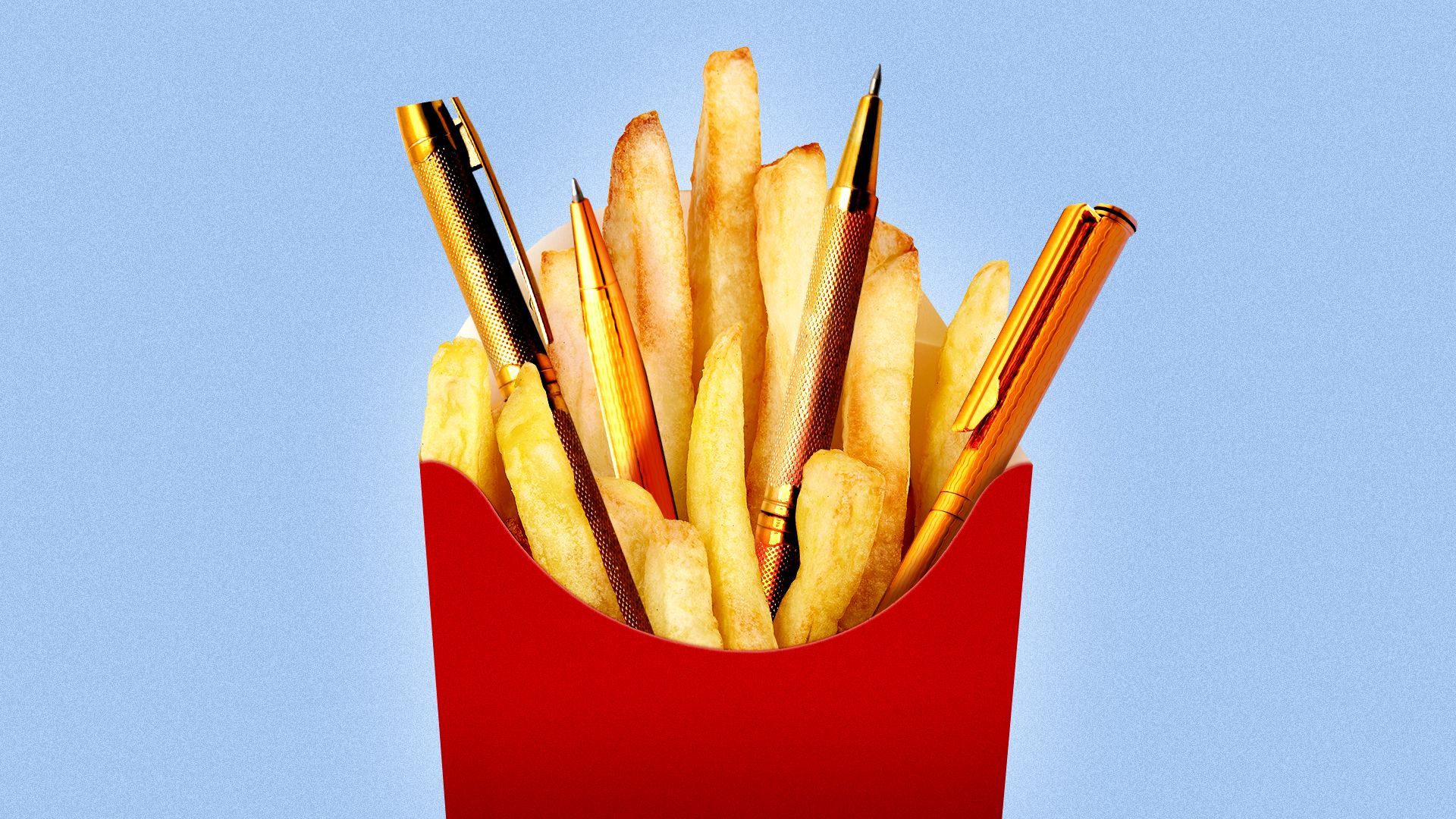 Illustration of a red carton of french fries with four golden pens scattered amongst the fries.