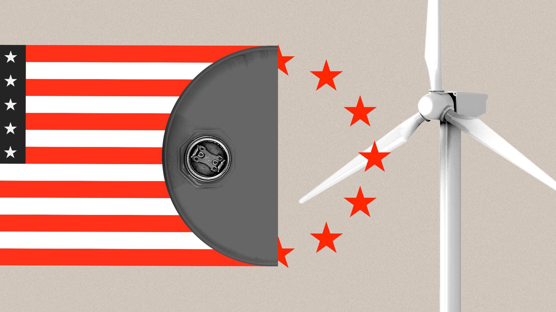 Illustrated collage of the American flag, the EU stars, an oil drum and a wind turbine. 