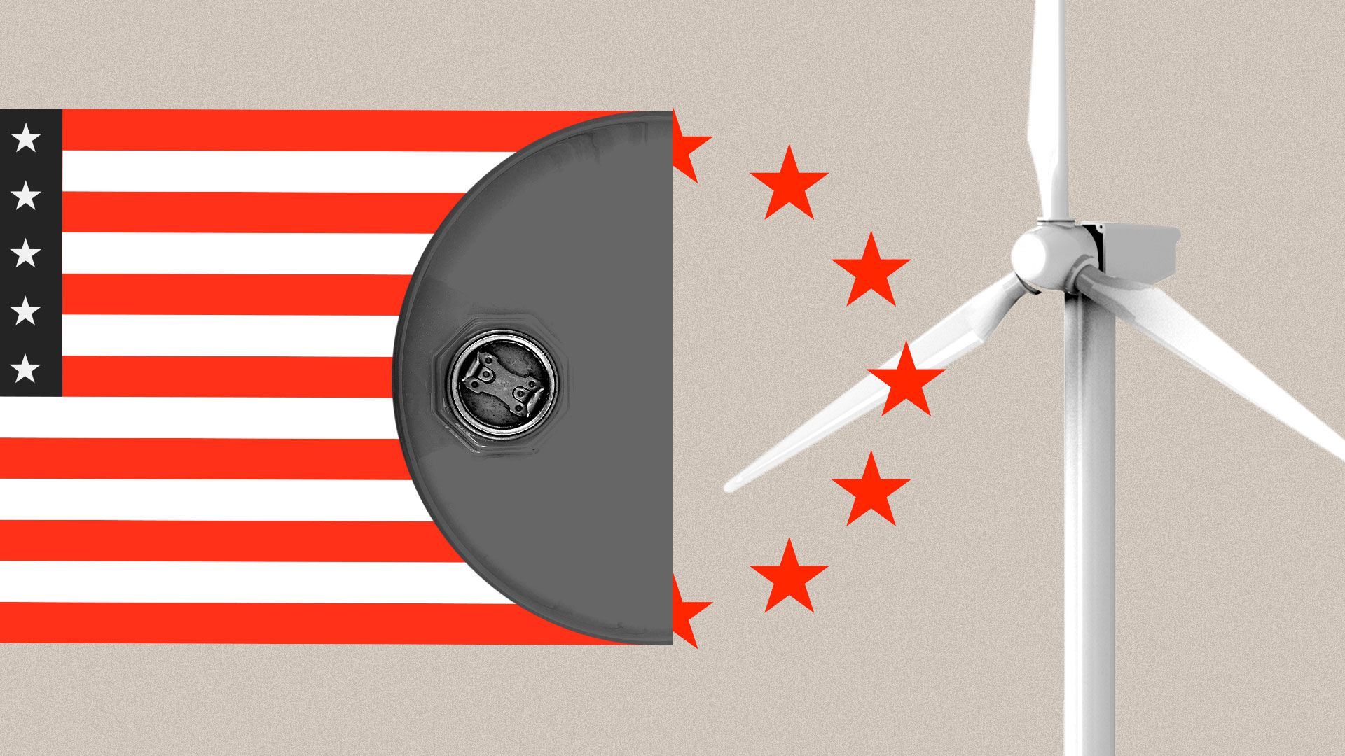 Illustrated collage of the American flag, the EU stars, an oil drum and a wind turbine.