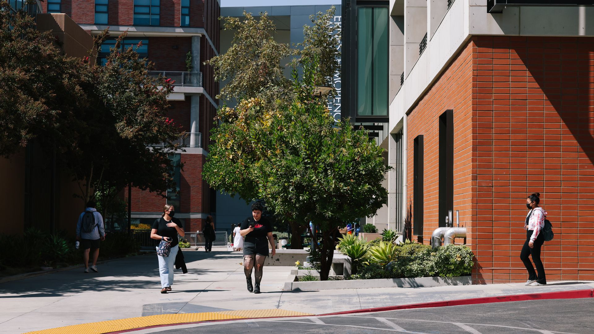 Students walk on a college campus outdoors