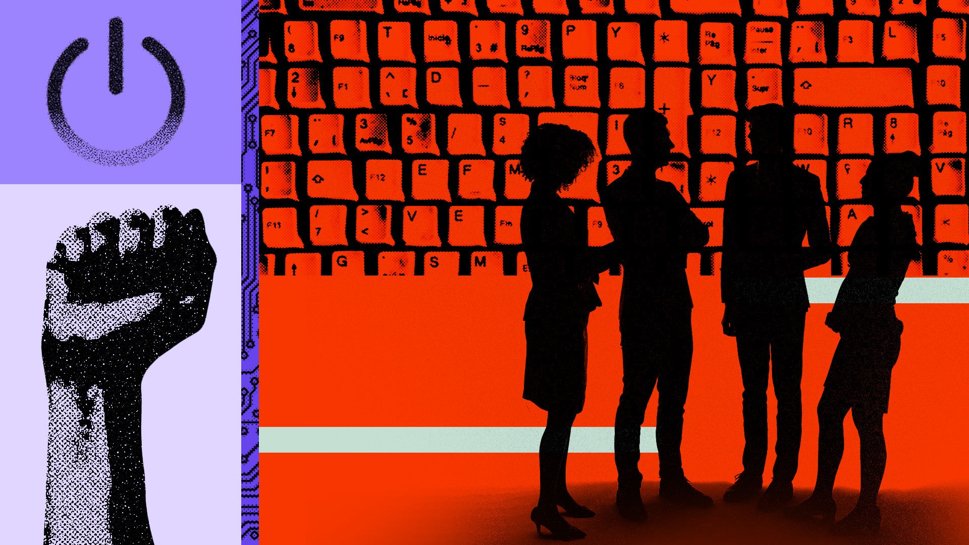 Illustrated collage of an image split up randomly four ways showing a power button, a raised fist, a circuit pattern, a jumbled keyboard and a group of silhouetted people talking in the foreground. Everything has a grungy, halftone style pattern. 
