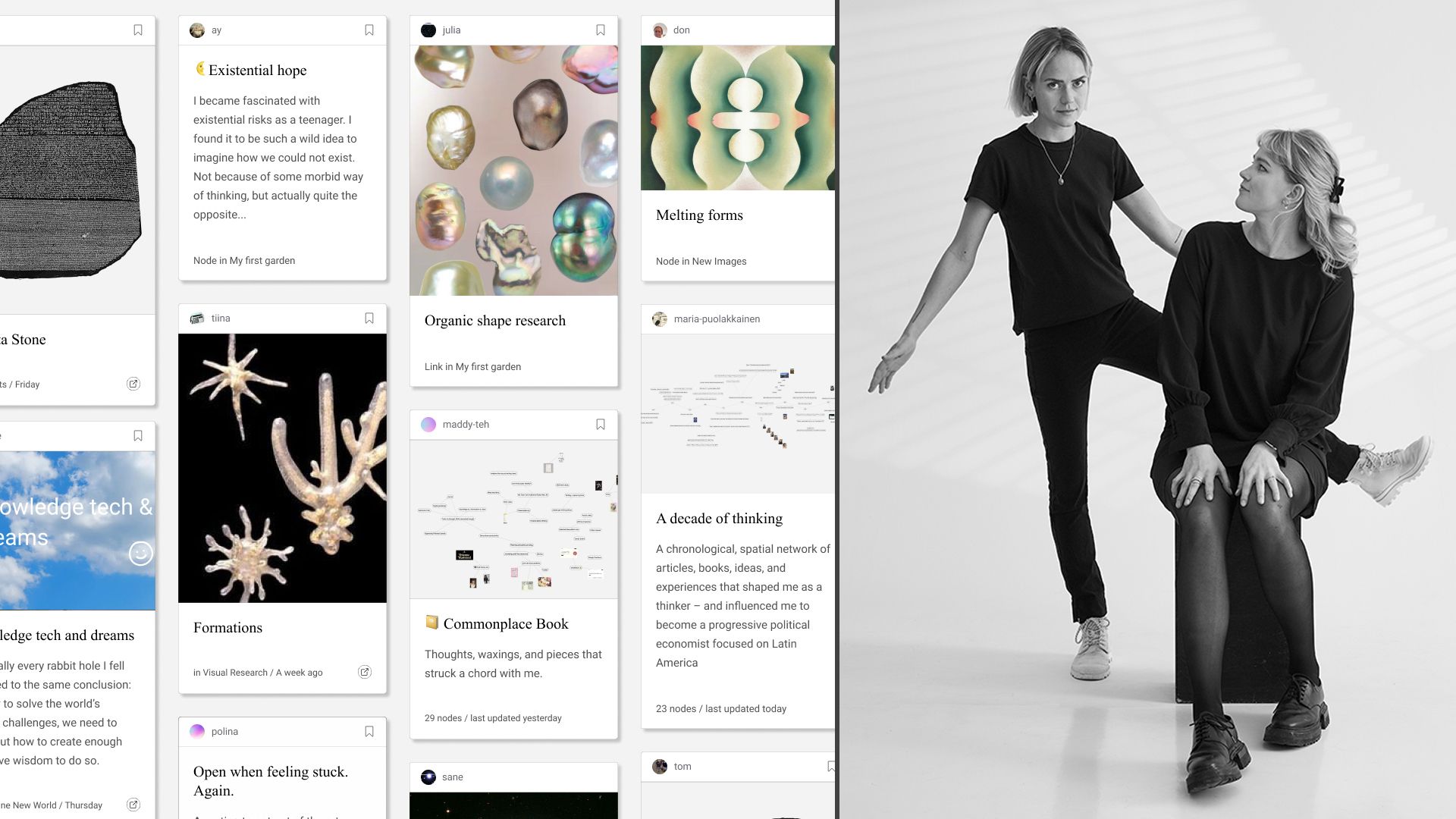 A screenshot of Sane's discovery stream next to a black and white photo of co-founders, Tiina Peuna and Ida Josefiina