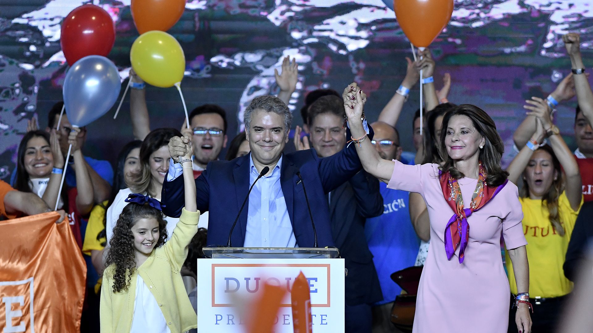 Ivan Duque, presidential candidate for the Centro Democratico party, celebrate after winning the first round Presidential Elections in Colombia on May 27, 2018, in Bogota, Colombia.