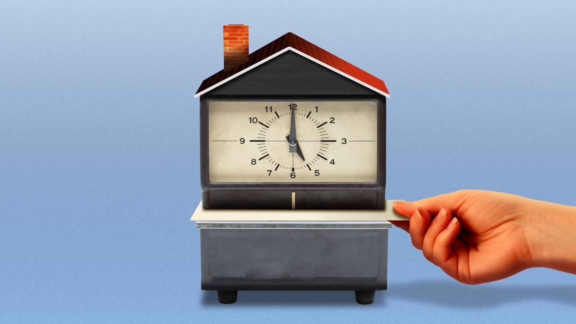 Illustration of a person clocking in on a time clock shaped like a house