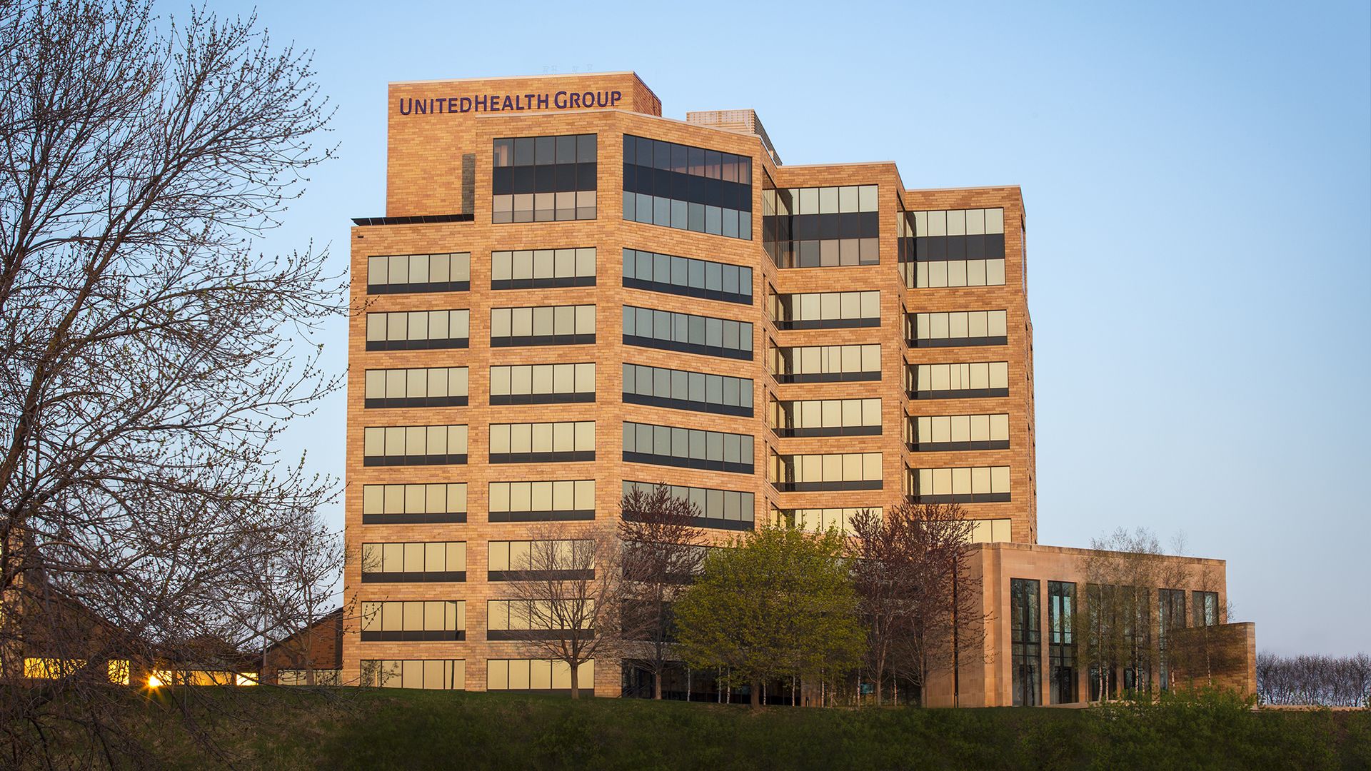 The brown headquarters building of UnitedHealth Group.