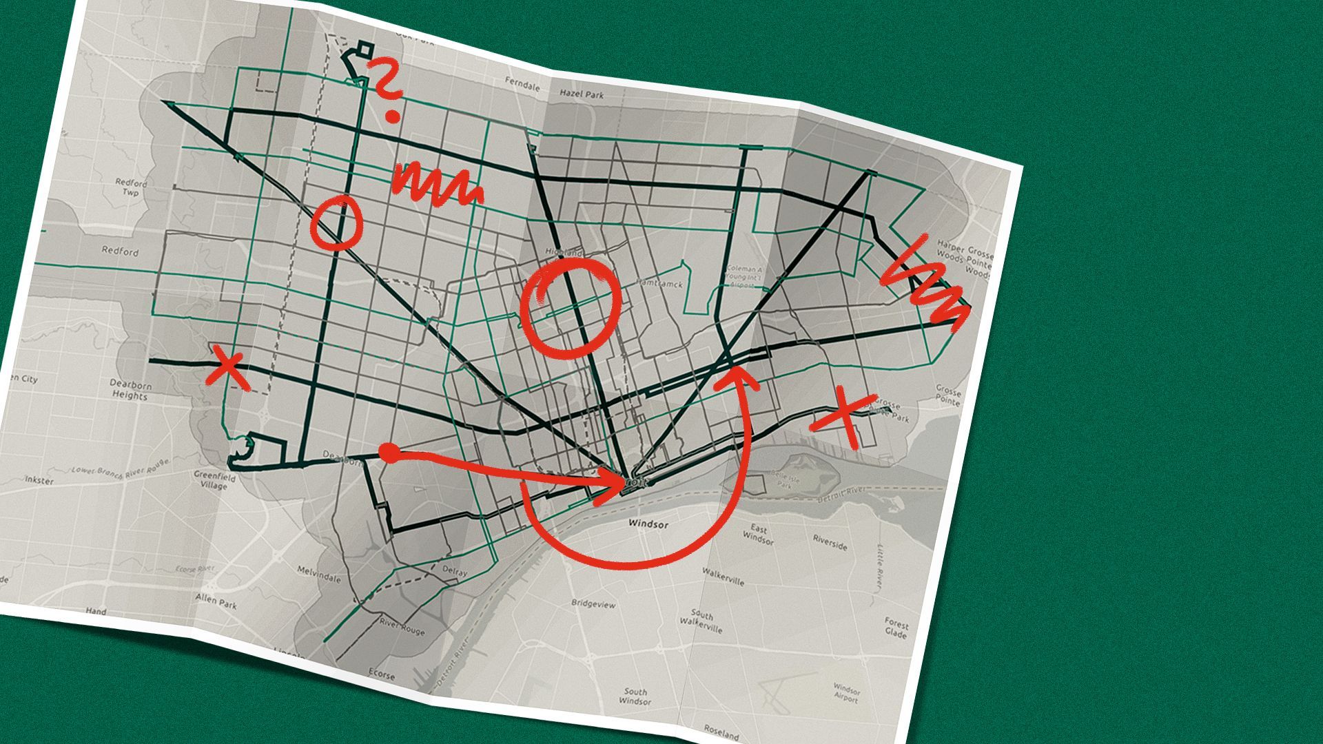 Illustration of a transit map marked with scribbles.