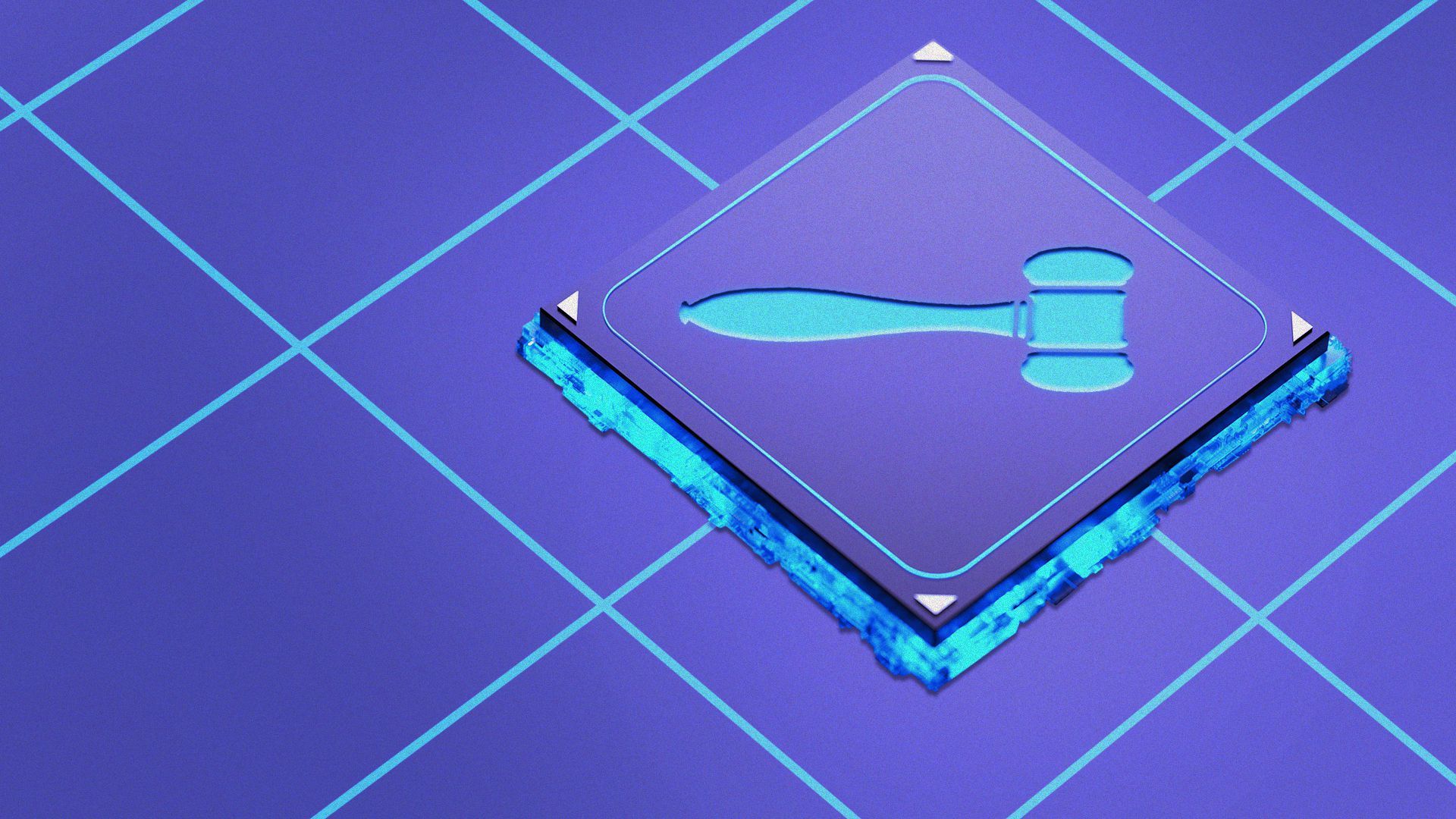 Illustration of a circuit board with large computer chip with a gavel icon on top of it.