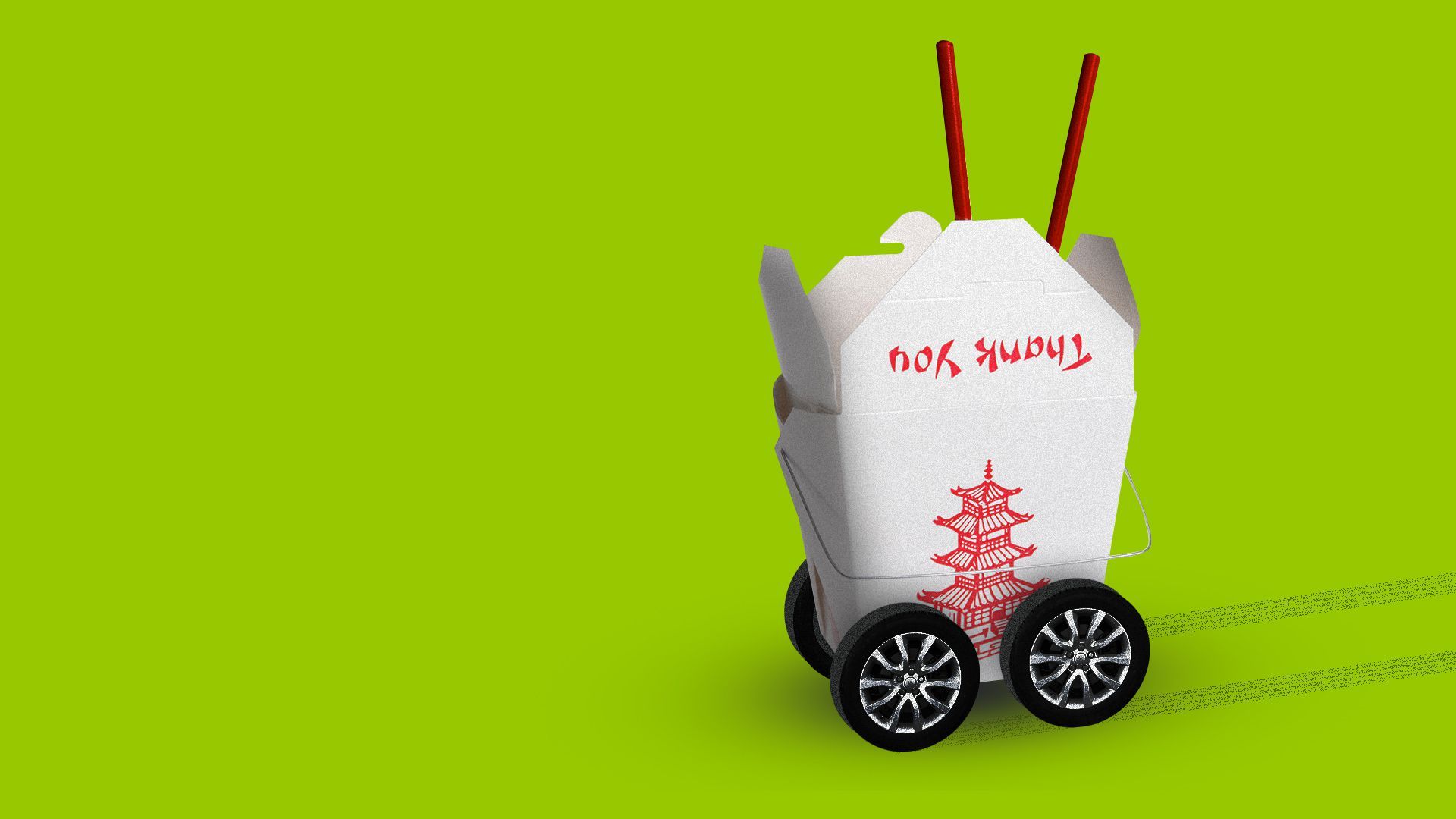 Illustration of a take out box with wheels on it. 