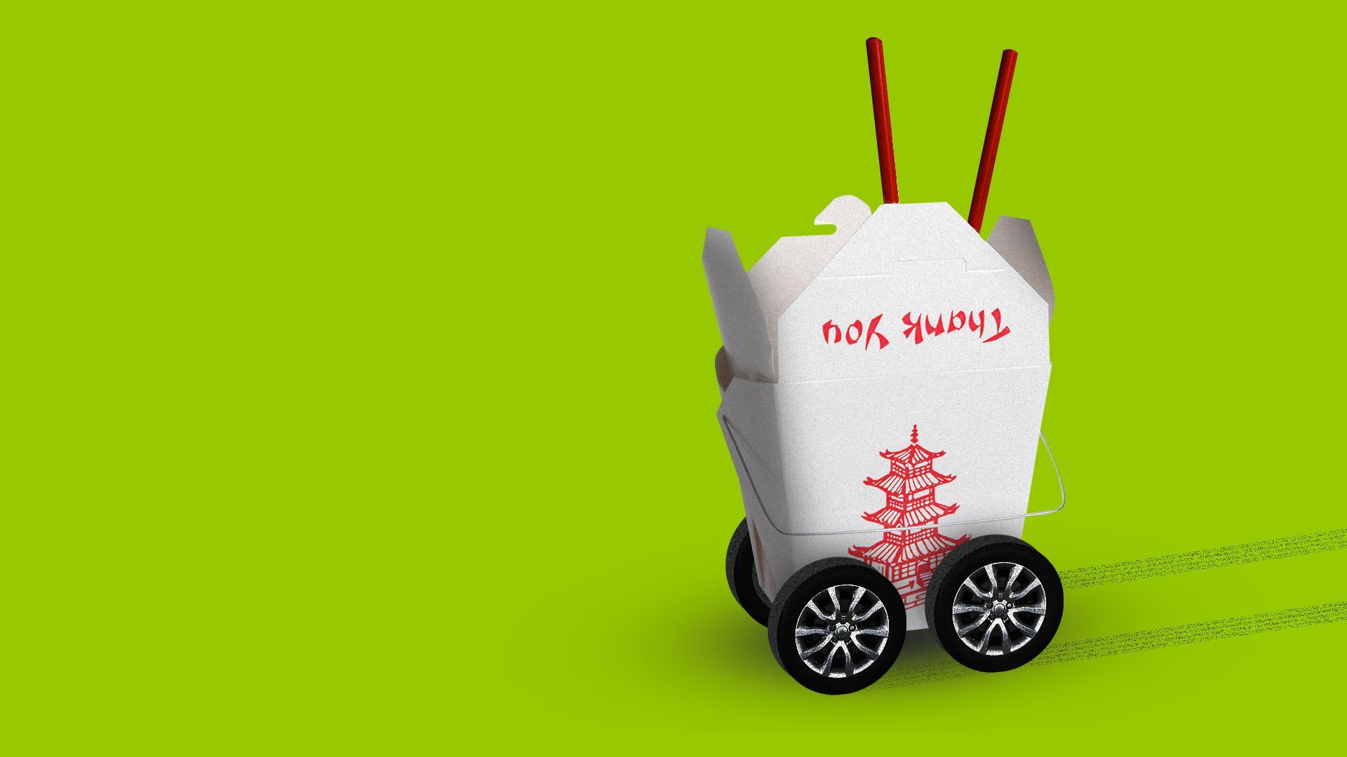 Illustration of a take out box with wheels on it.