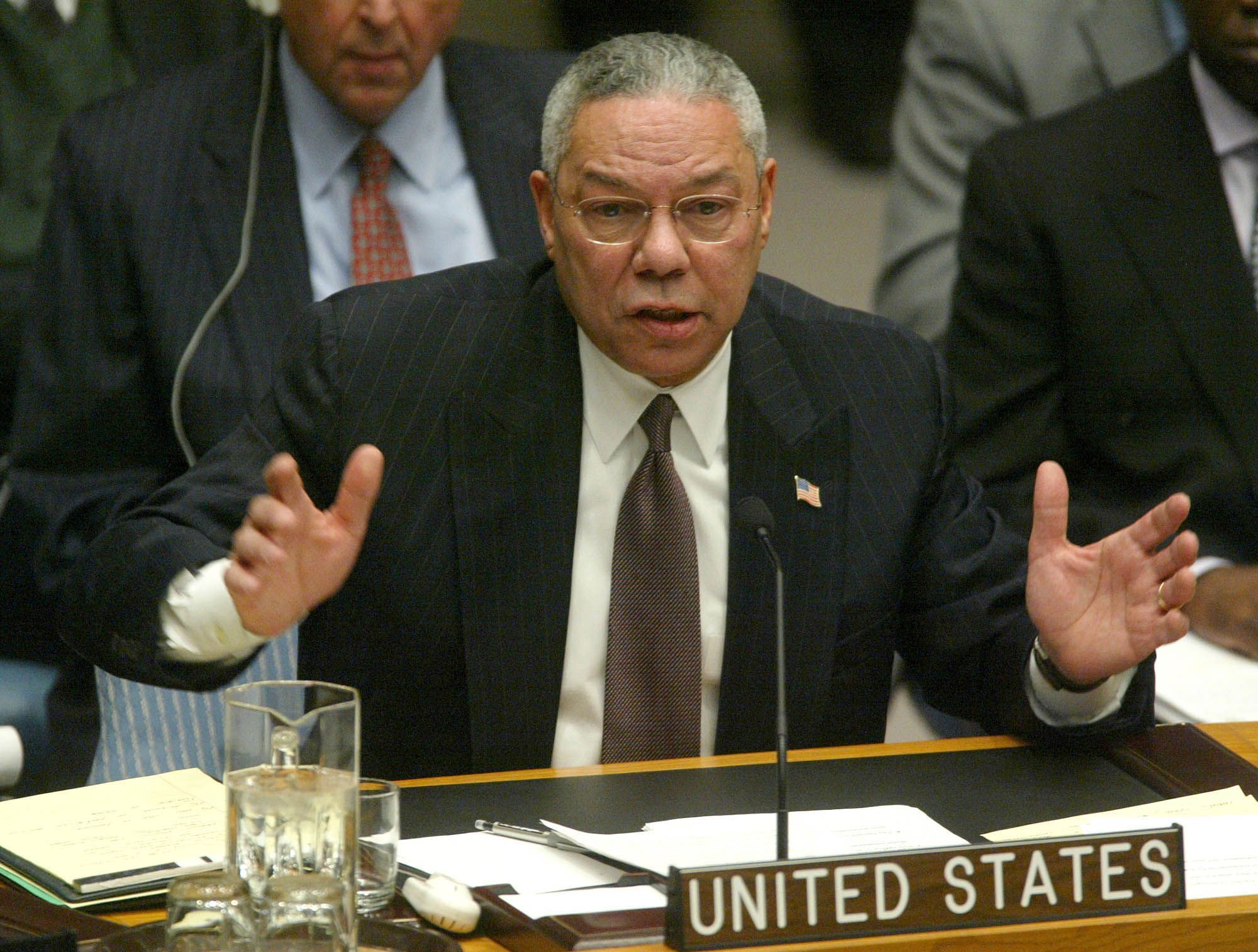 Colin Powell addressing the UN in 2003. 