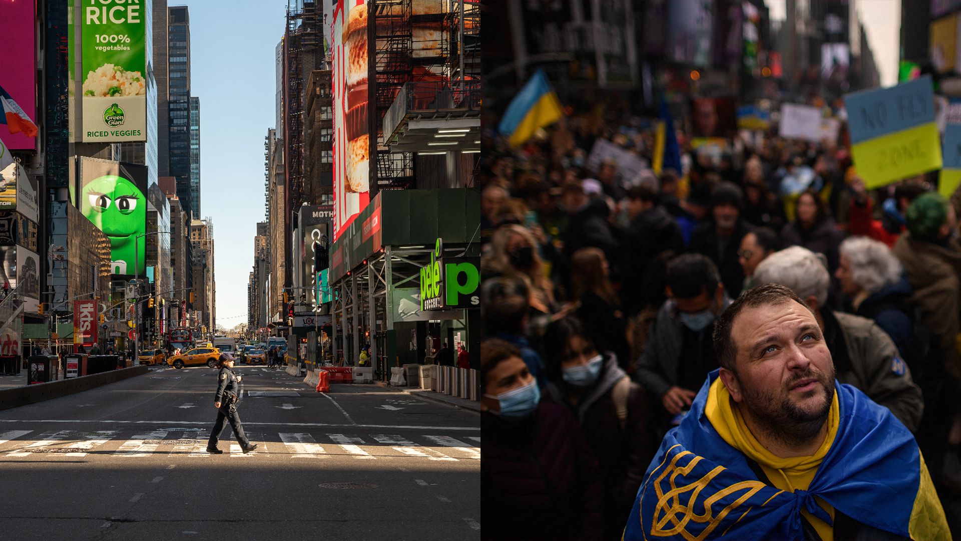Side by side images of New York City, NY during lockdown and during March 2022.