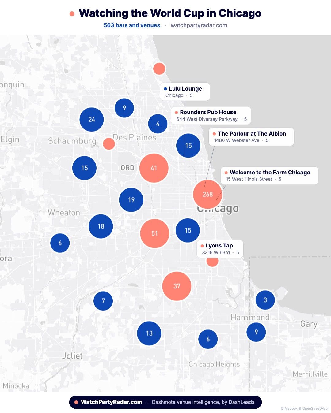 Gray map of Chicago with orange and blue circles with numbers on them.