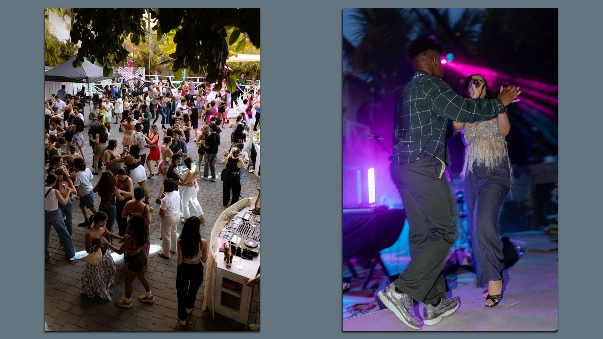 Two images of a salsa dance party.