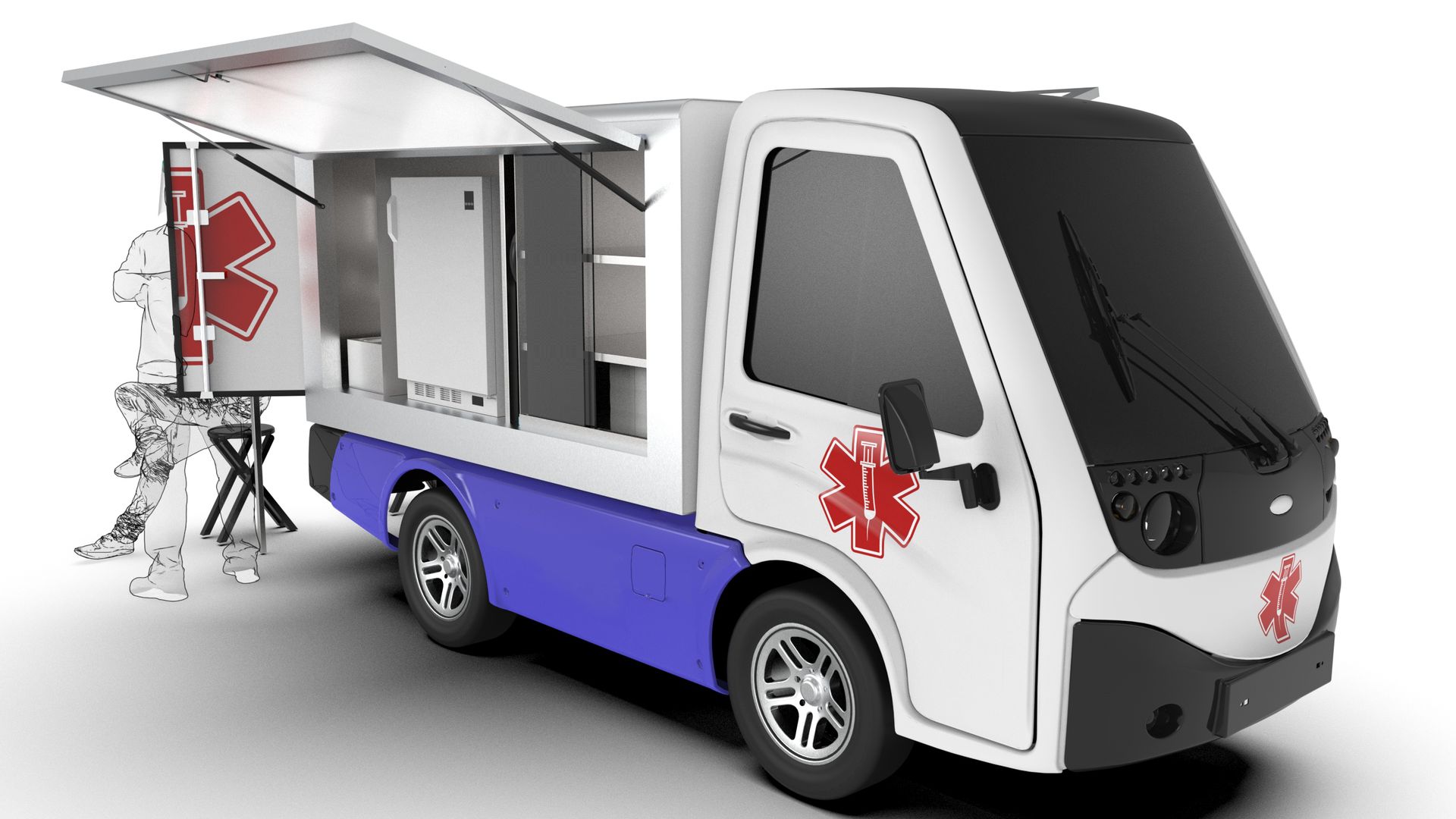 Image of an electric vaccine vehicle  intended for mobile clinics