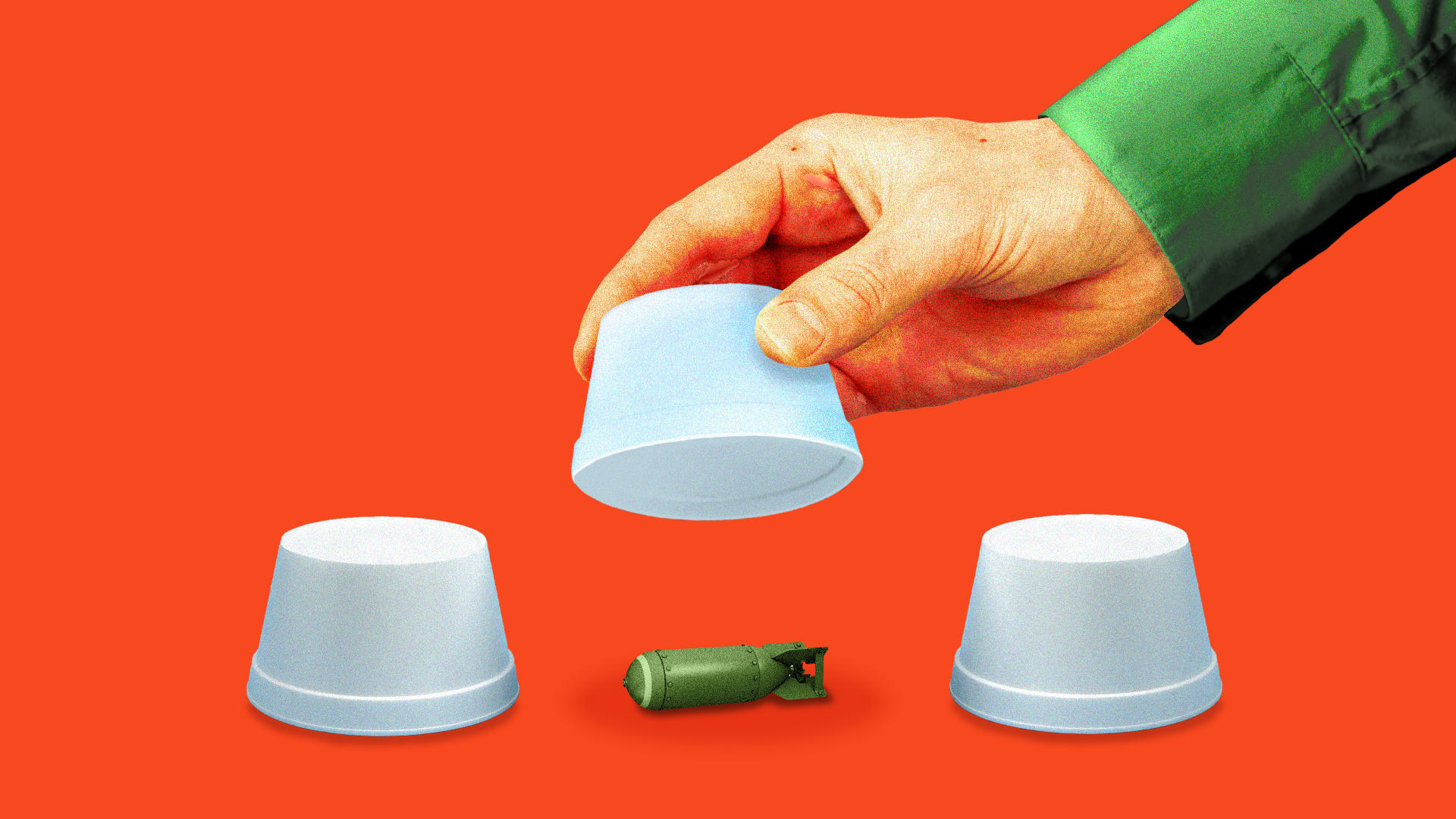 Illustration of three white cups and one is raised up to reveal a weapon before a red background.