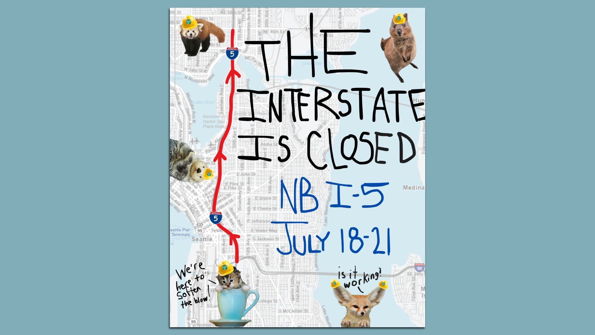 Cut and paste animals and hand lettered wording on a map warns of road closures. 