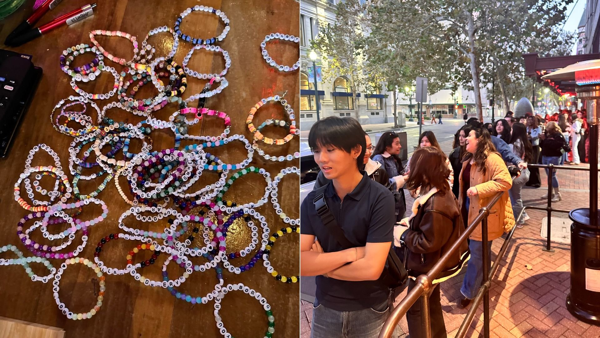 Left: colorful beaded bracelets with letter beads spelling phrases on a wooden table with pens nearby. Right: diverse group of people standing in a long line outdoors on a city street.