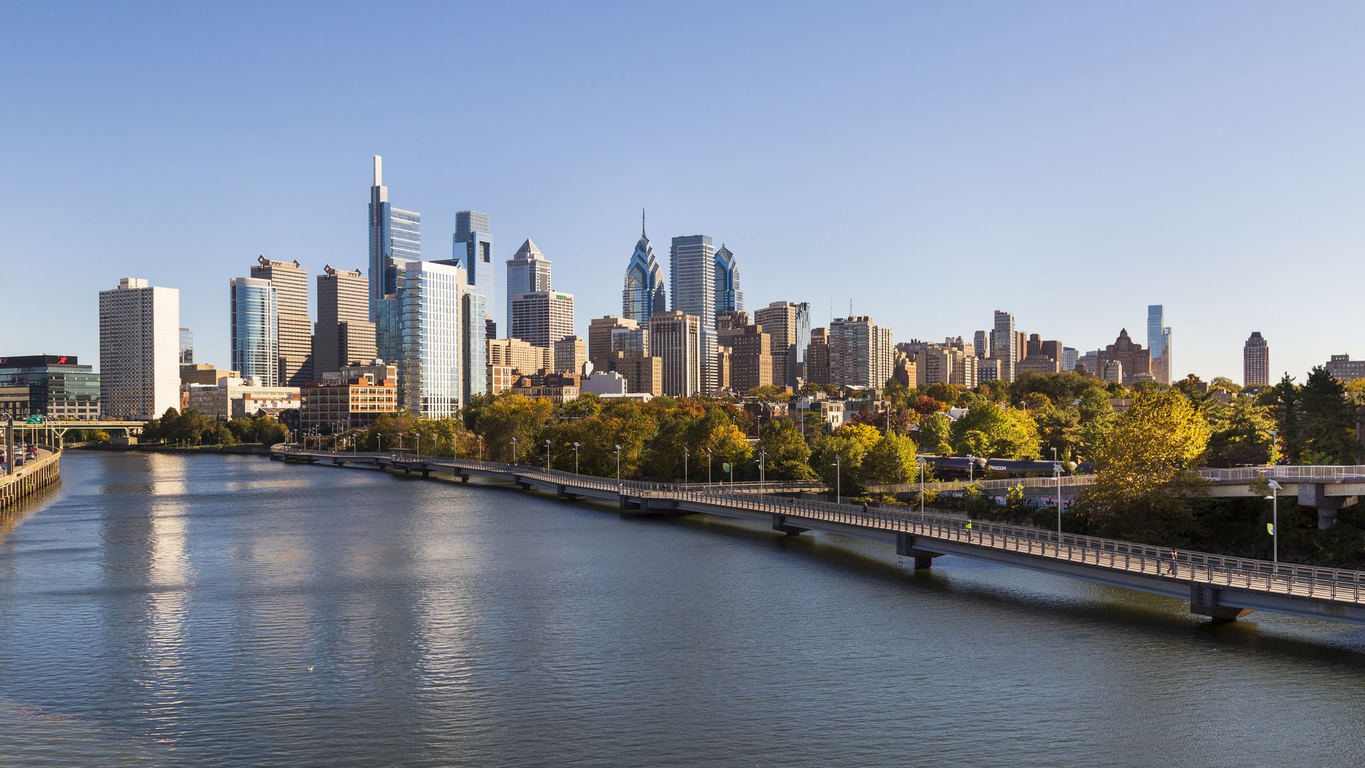 A photo of the Philadelphia skyline on a sunny day