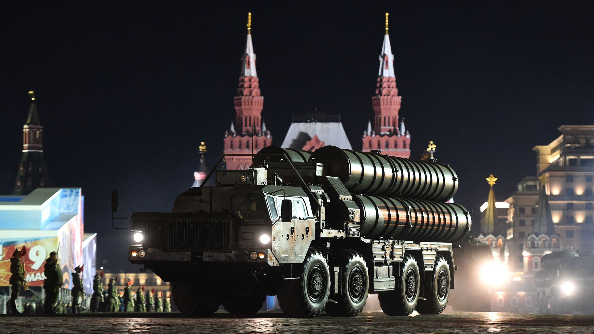 Russia's Russian S-400 Triumph air defence missile system rides through Red Square in Moscow during the Victory Day military parade night training on May 3, 2017