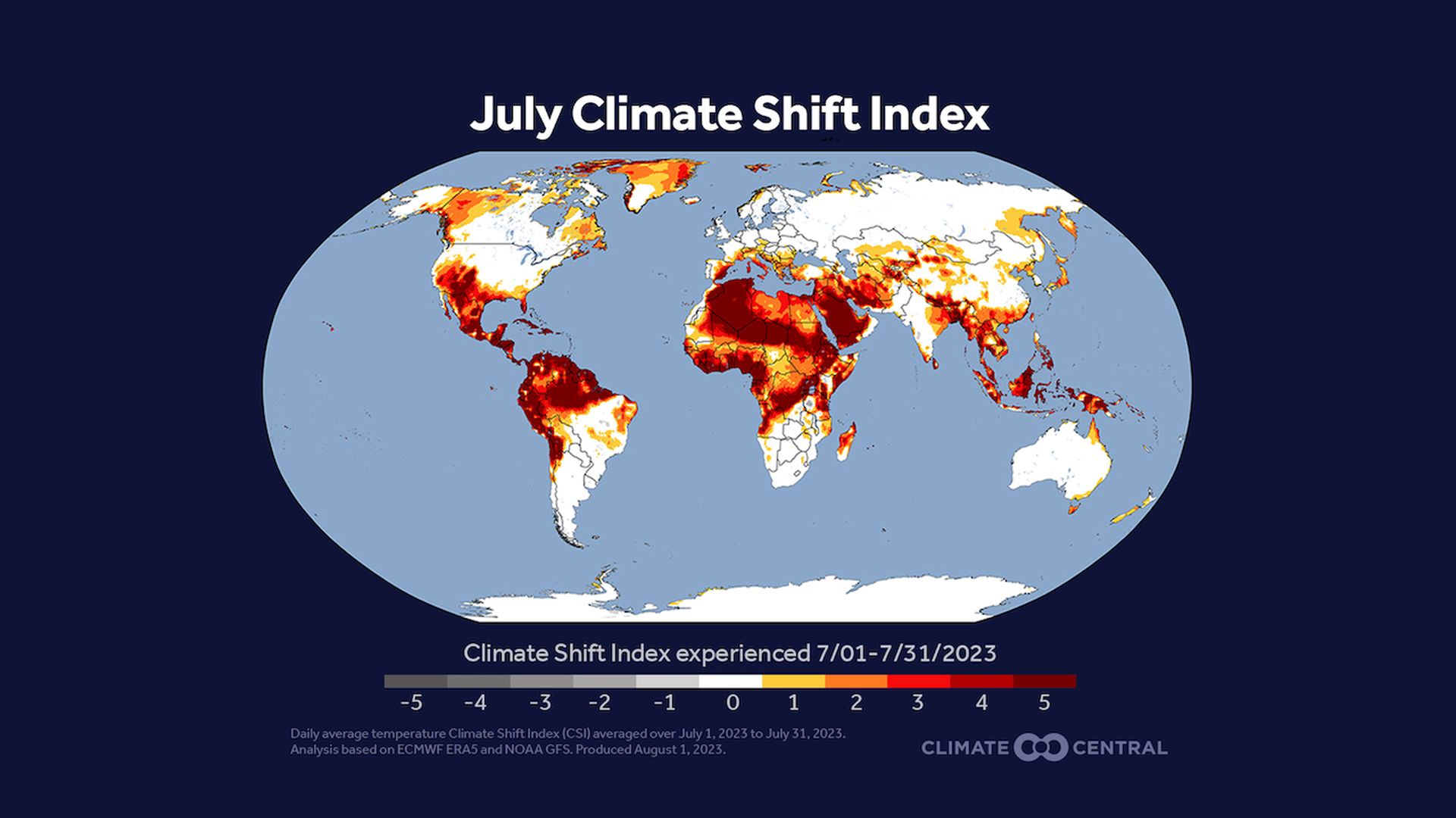 Map of climate change-influenced heat waves worldwide during July 2023 from a Climate Central report.