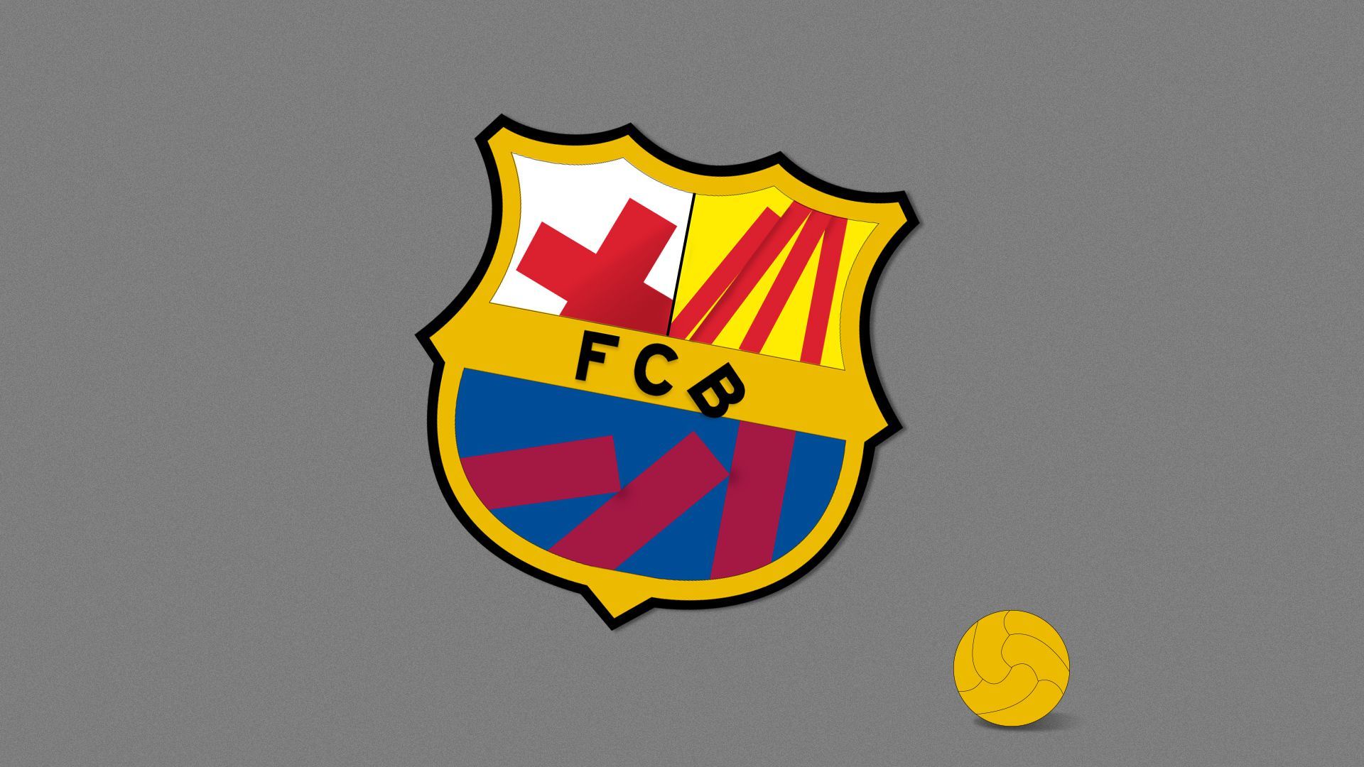 Illustration of the FC Barcelona shield logo hanging askew and falling apart. 