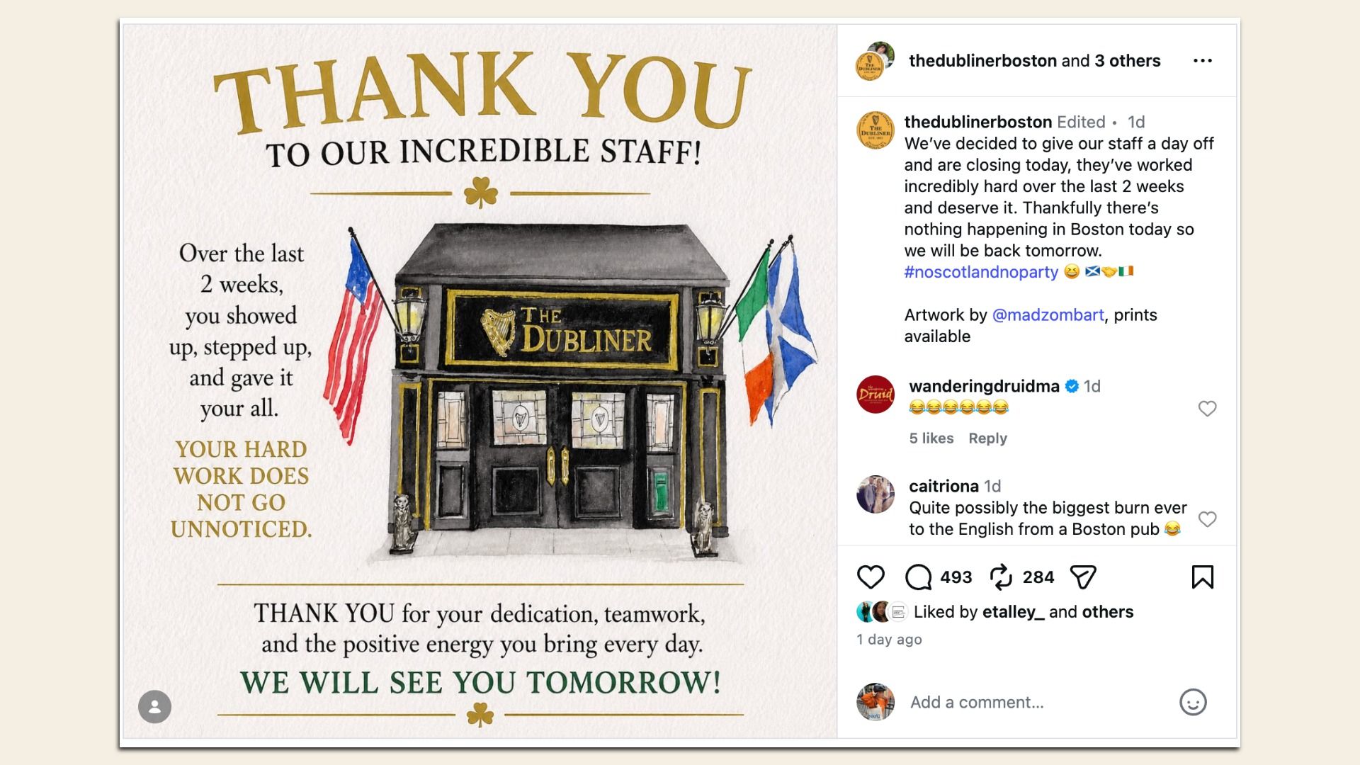Poster-style card reading "THANK YOU TO OUR INCREDIBLE STAFF!" featuring The Dubliner pub, American, Scottish and Irish flags, a small clover, and a note praising staff for the last two weeks, announcing they have the day off on the same day as the England vs. Ghana match. 
