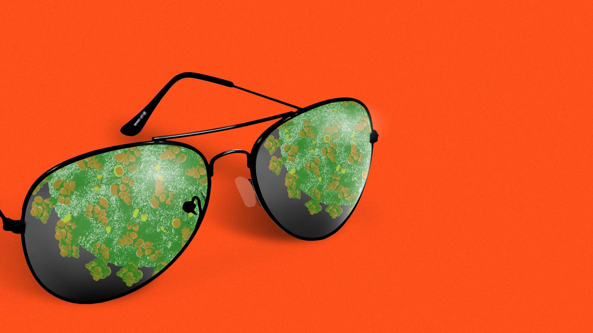 Illustration of aviator sunglasses with green COVID cells reflected in the lenses