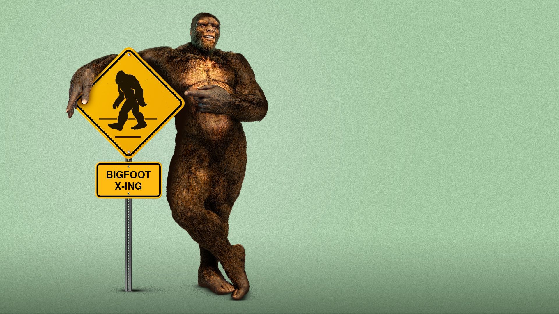 Illustration of a Sasquatch with its arm around a sign that says, "BIGFOOT X-ING".