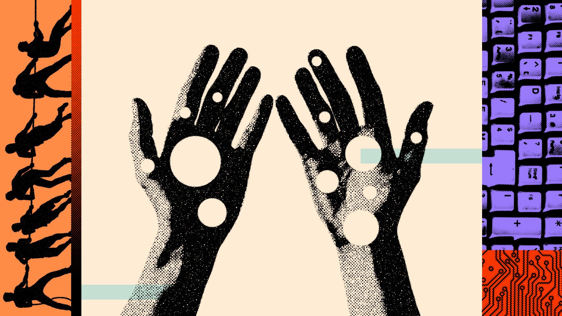 Illustrated collage of an image split up showing hands held out with holes in them, a high contrast image of a keyboard texture, a square containing a circuit pattern, and a vertical rectangle showing people pulling on a tug-of-war rope. 